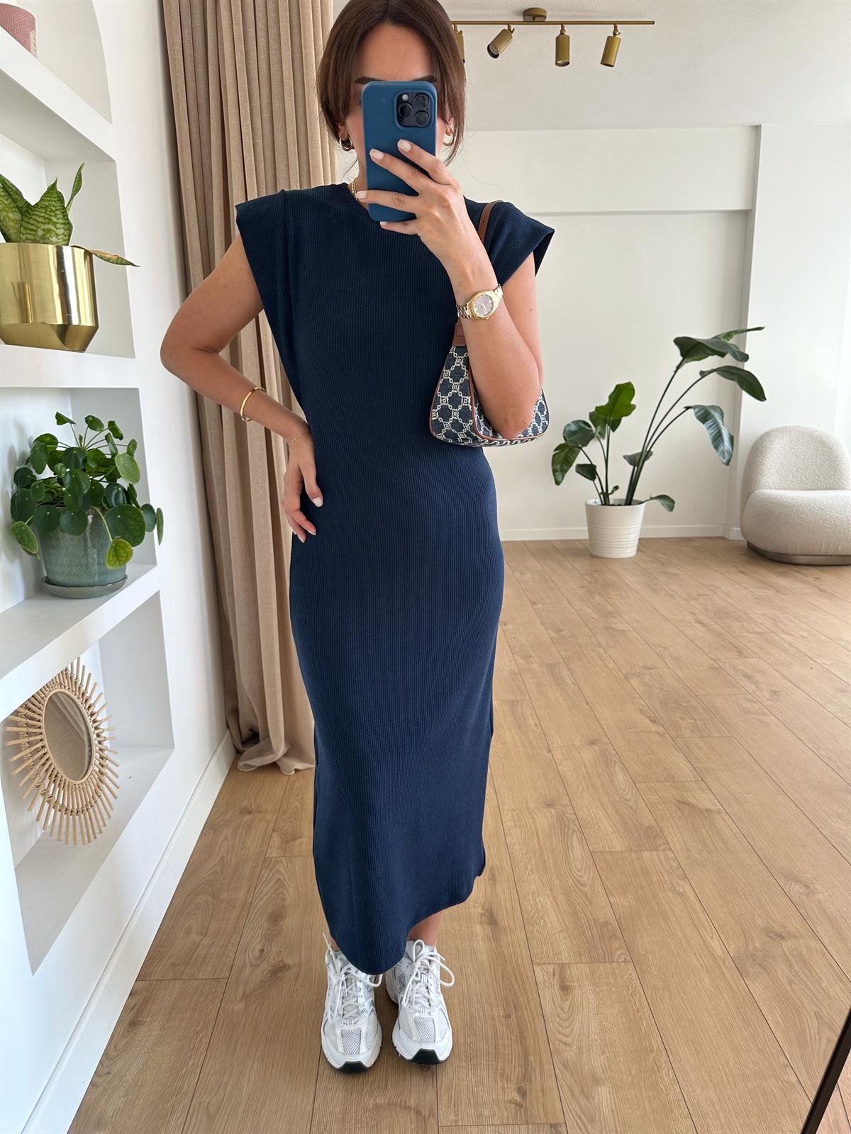 LACİVERT OMUZ DETAYLI BASIC ELBİSE