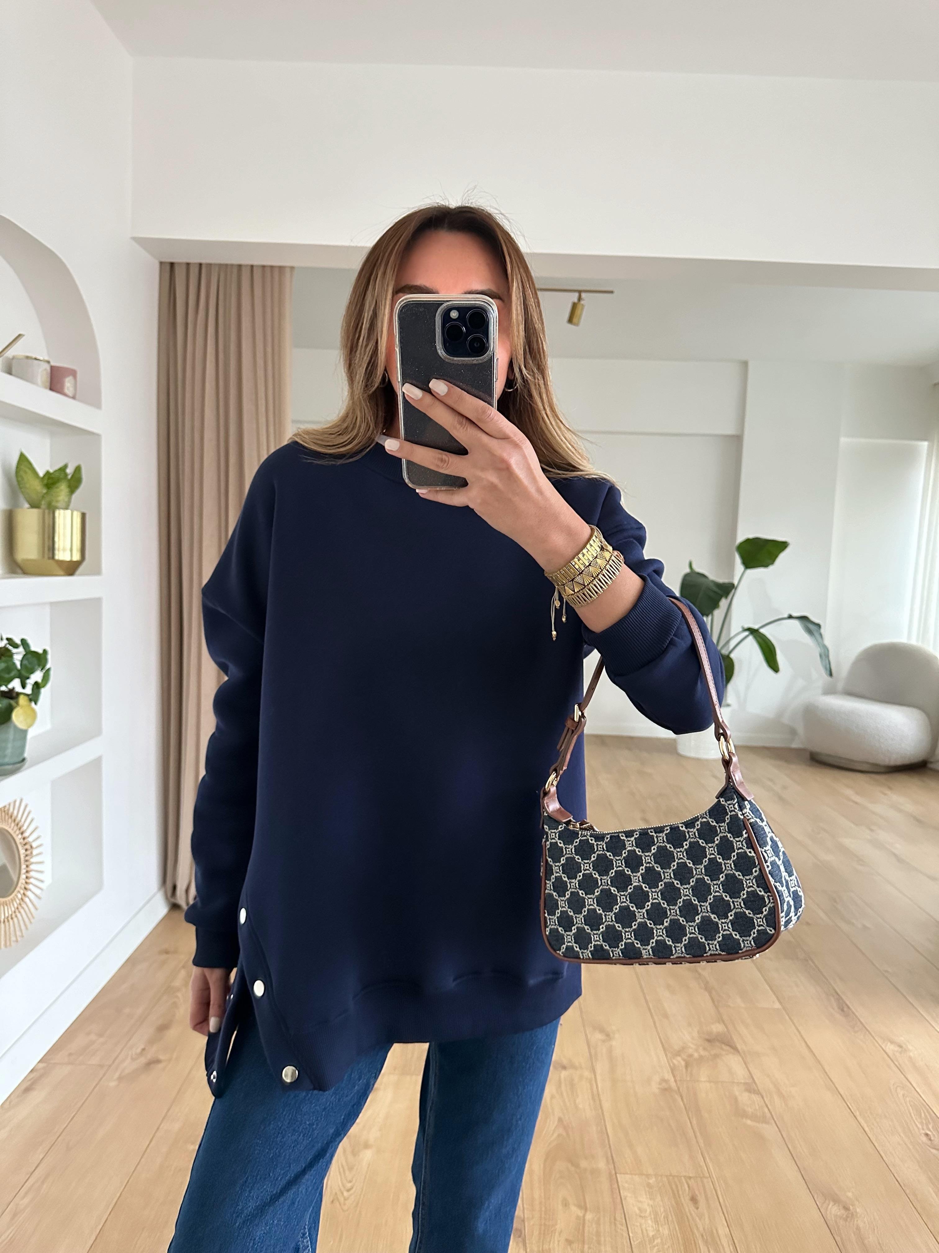 LACİVERT OVERSIZE ÇITÇITLI KALIN SWEAT