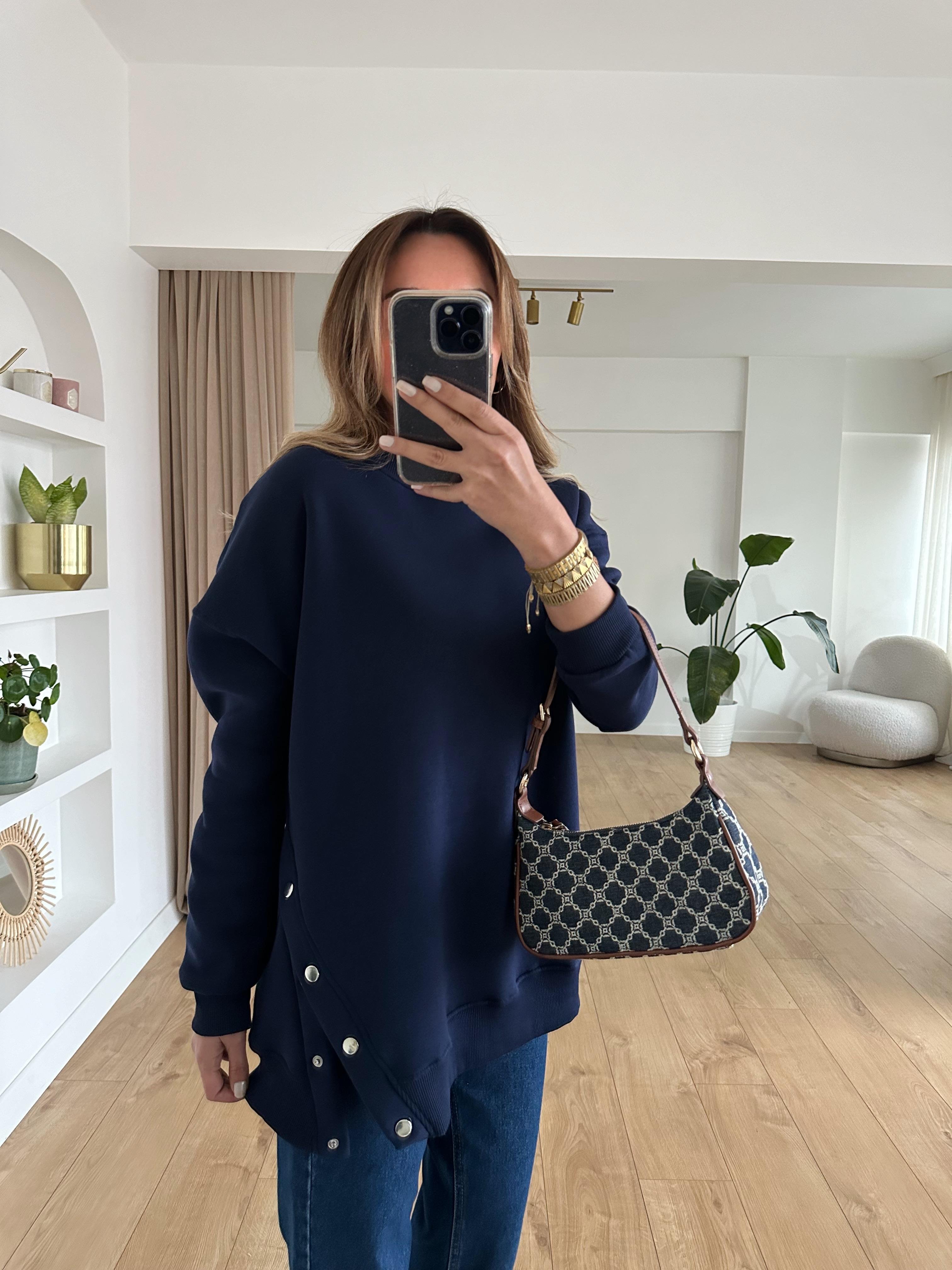 LACİVERT OVERSIZE ÇITÇITLI KALIN SWEAT