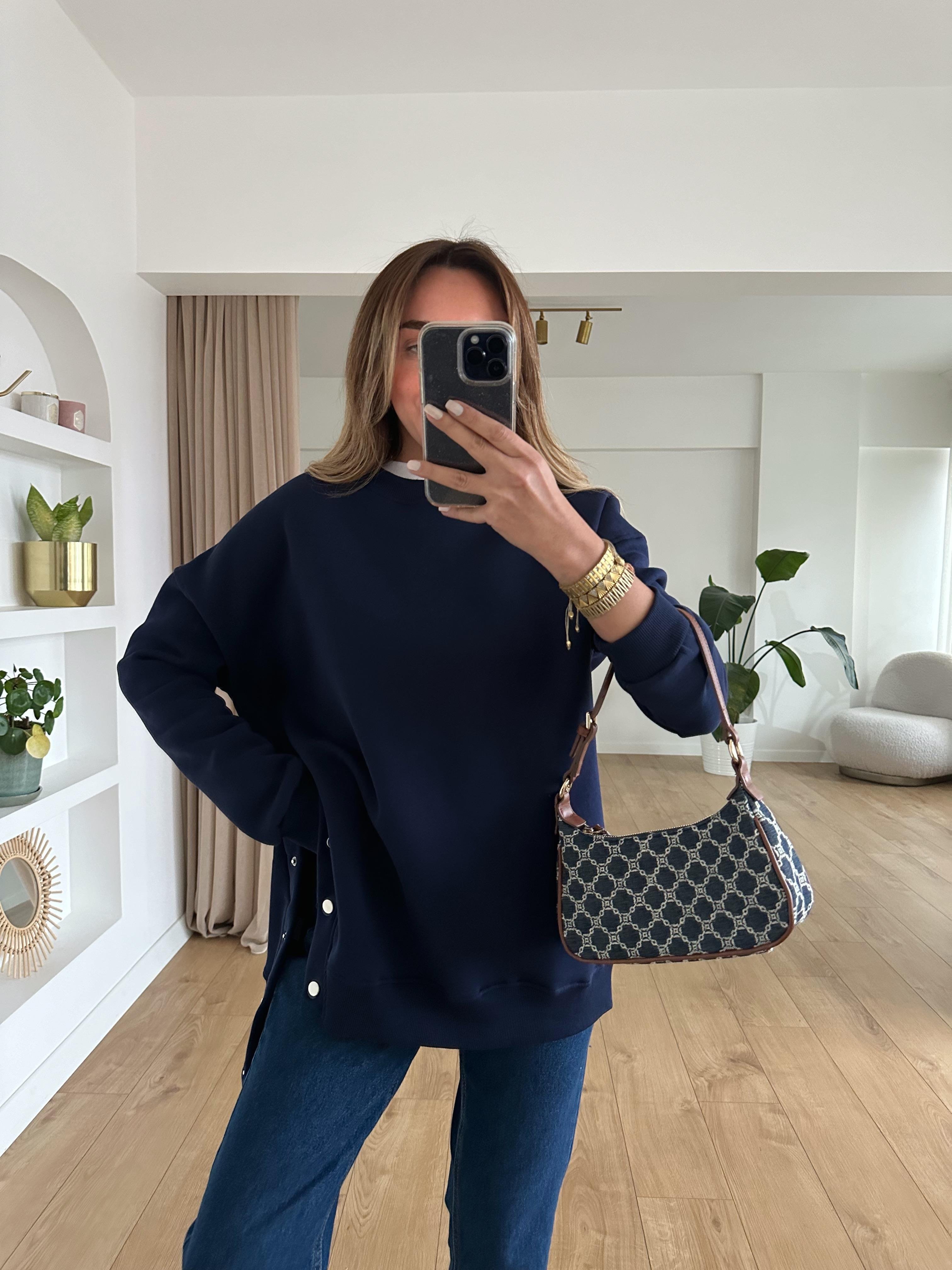 LACİVERT OVERSIZE ÇITÇITLI KALIN SWEAT