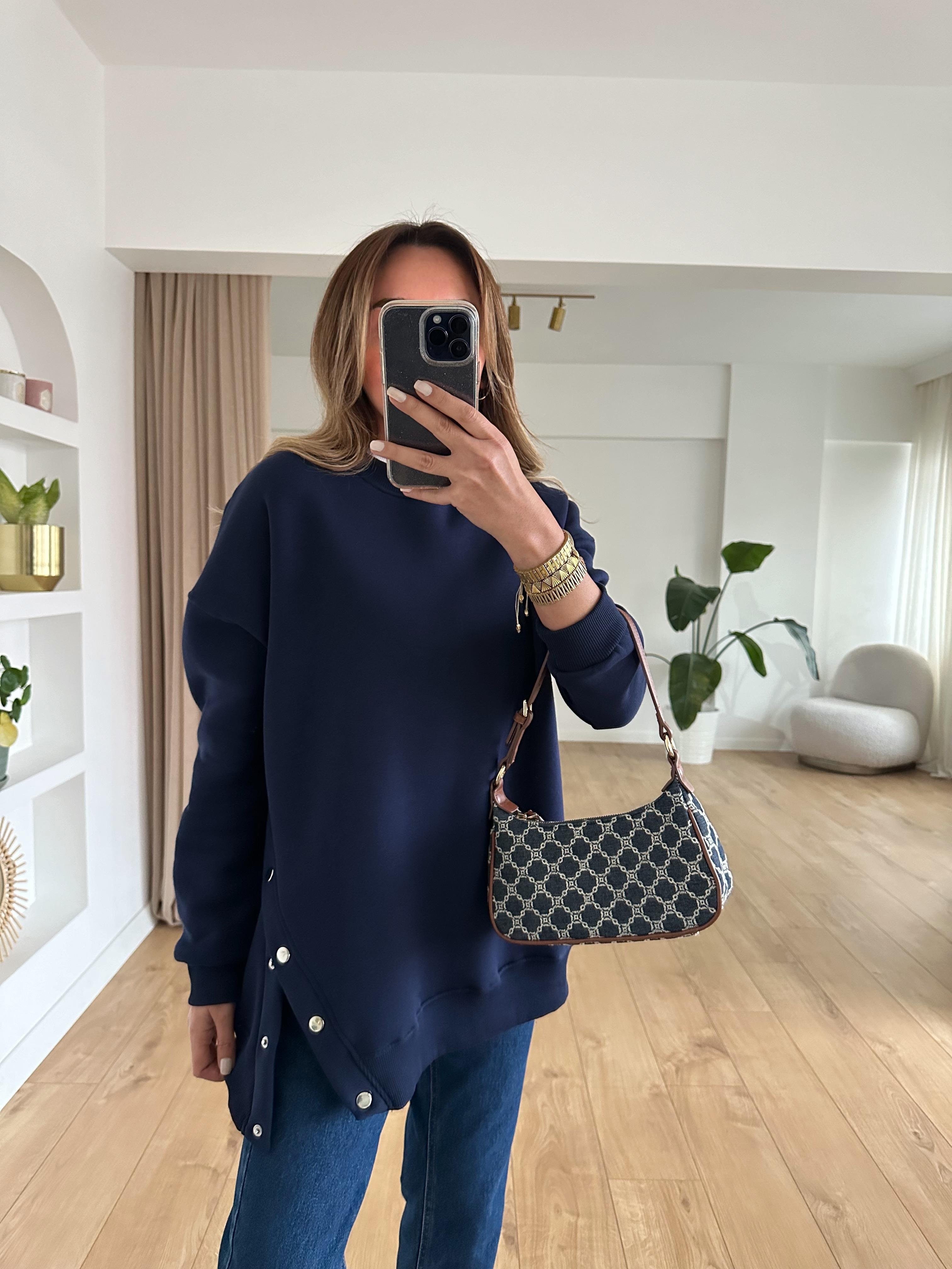 LACİVERT OVERSIZE ÇITÇITLI KALIN SWEAT