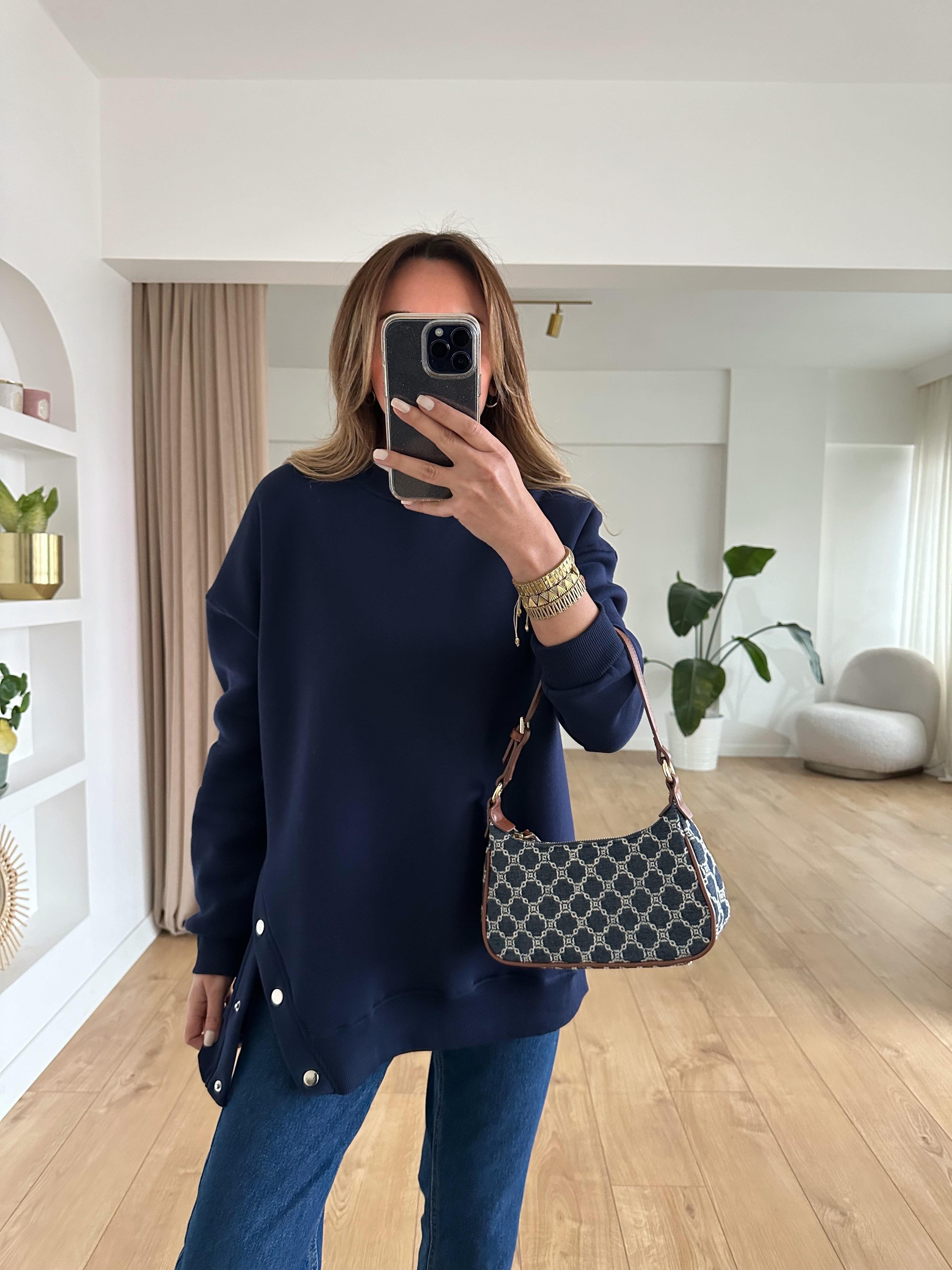 LACİVERT OVERSIZE ÇITÇITLI KALIN SWEAT