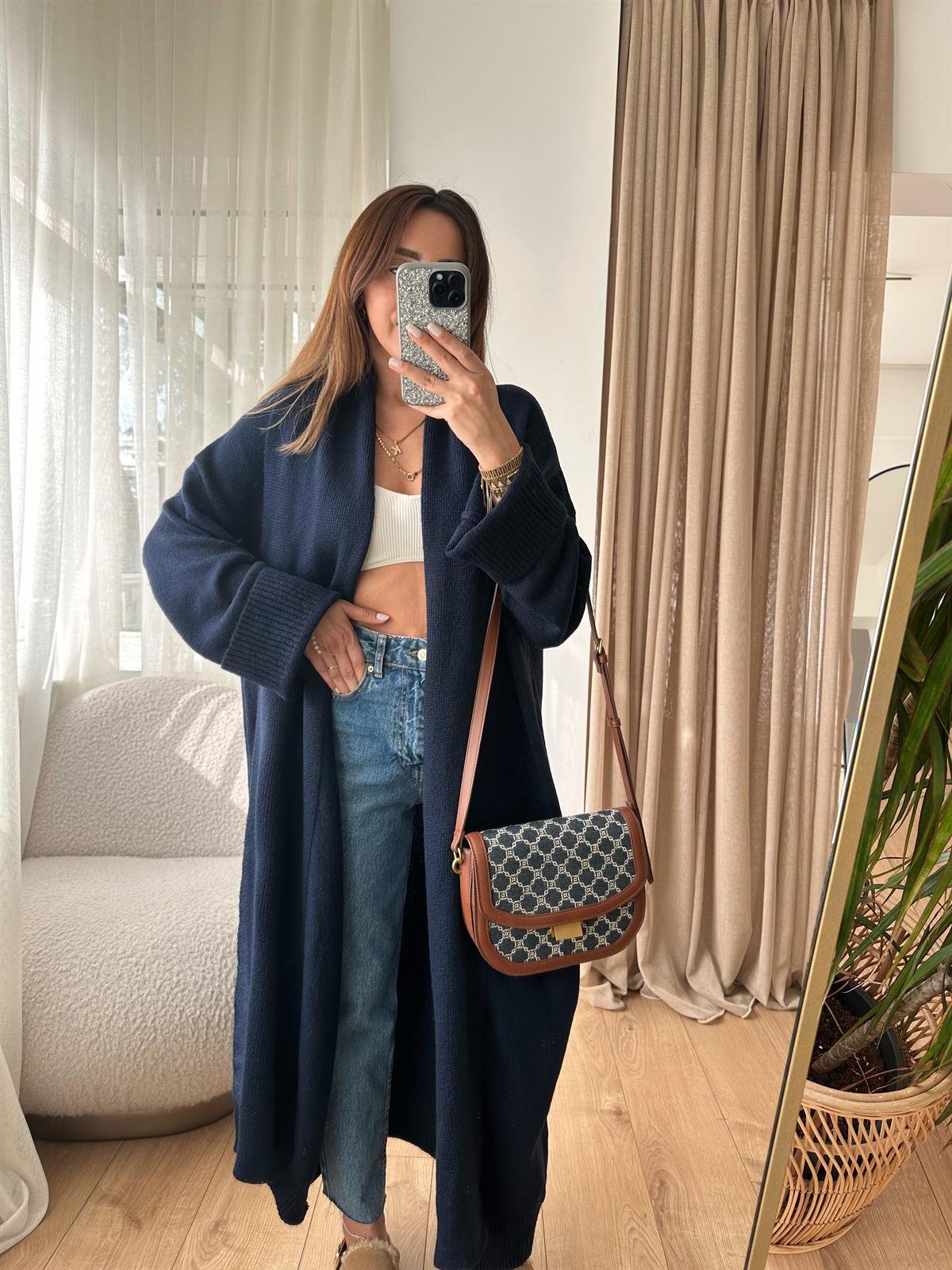LACİVERT ŞAL YAKA OVERSIZE UZUN HIRKA