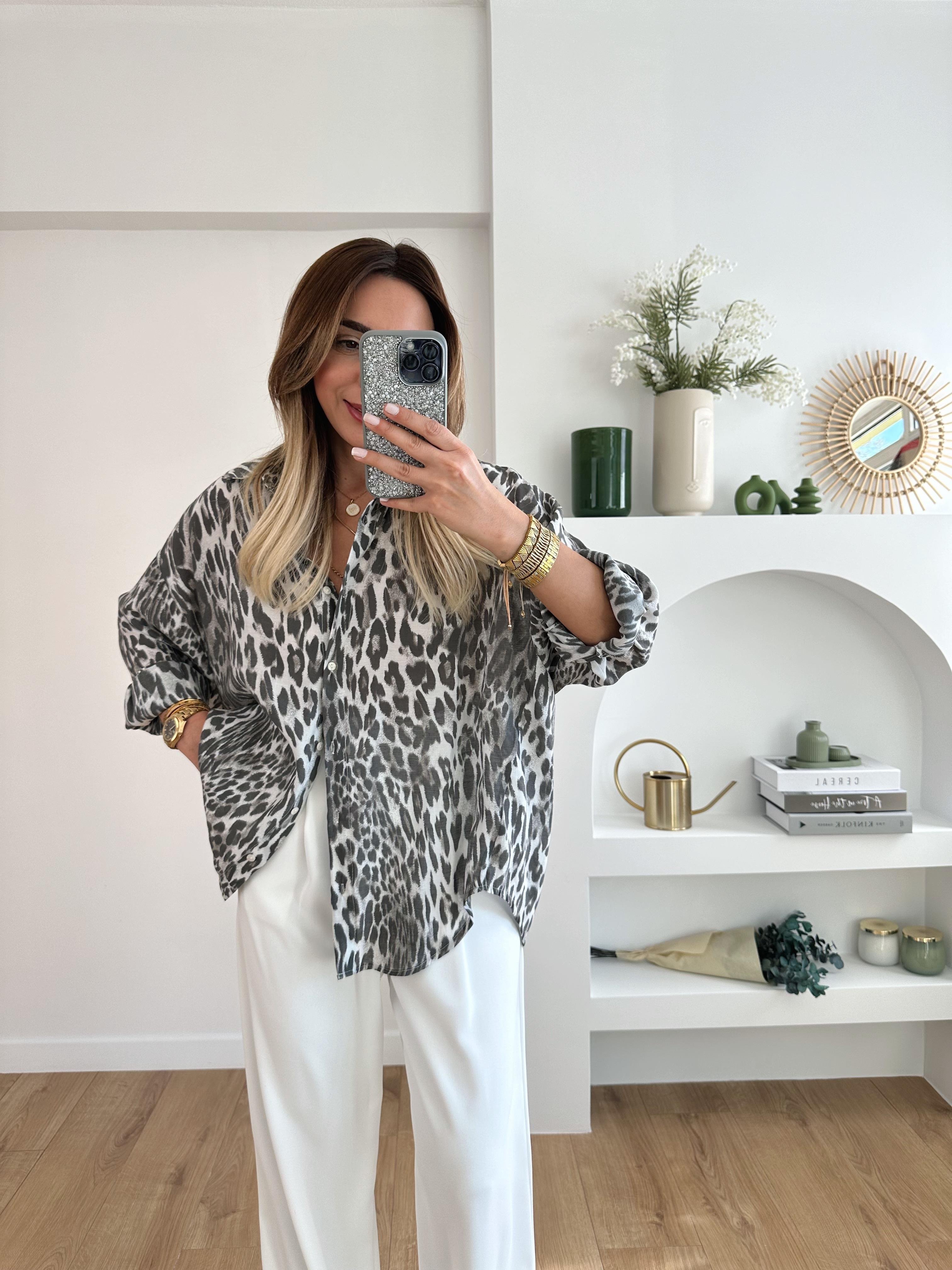LEOPAR DESENLİ OVERSIZE GÖMLEK FÜME VİZON