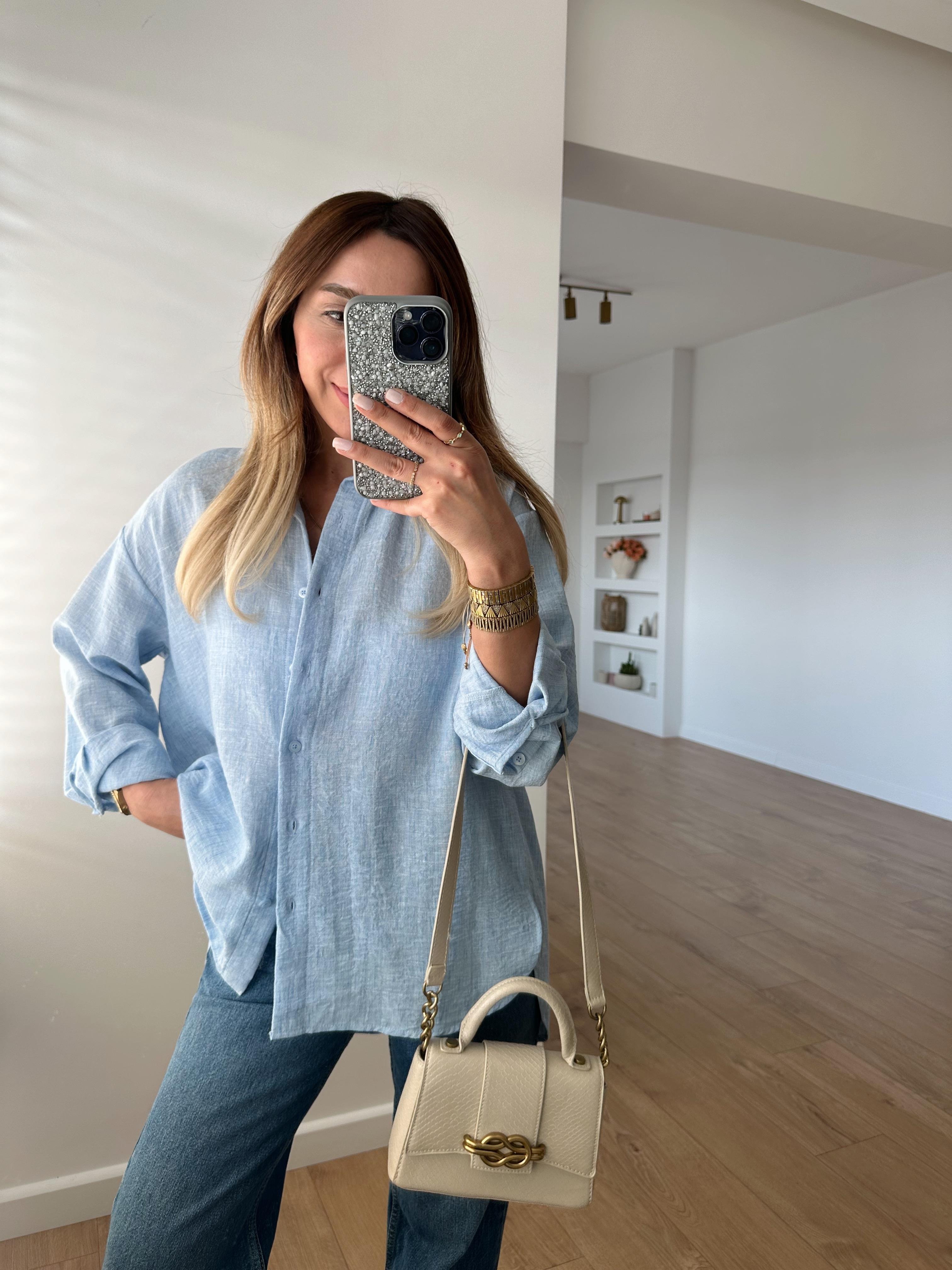 LORA MAVİ KETEN KARIŞIMLI GÖMLEK  