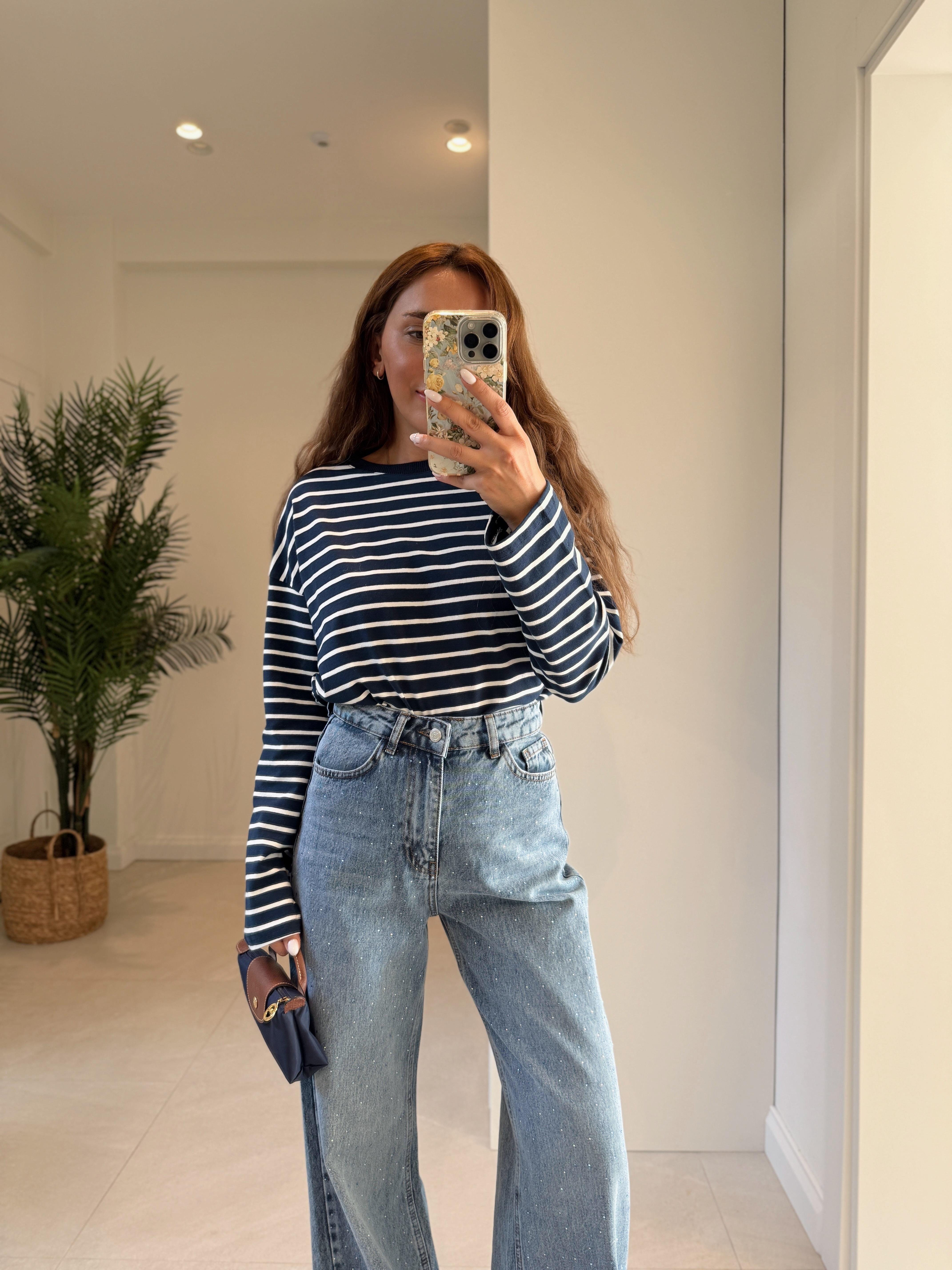 Low 0193 Beyaz Çizgili Uzun Kol Sweatshirt