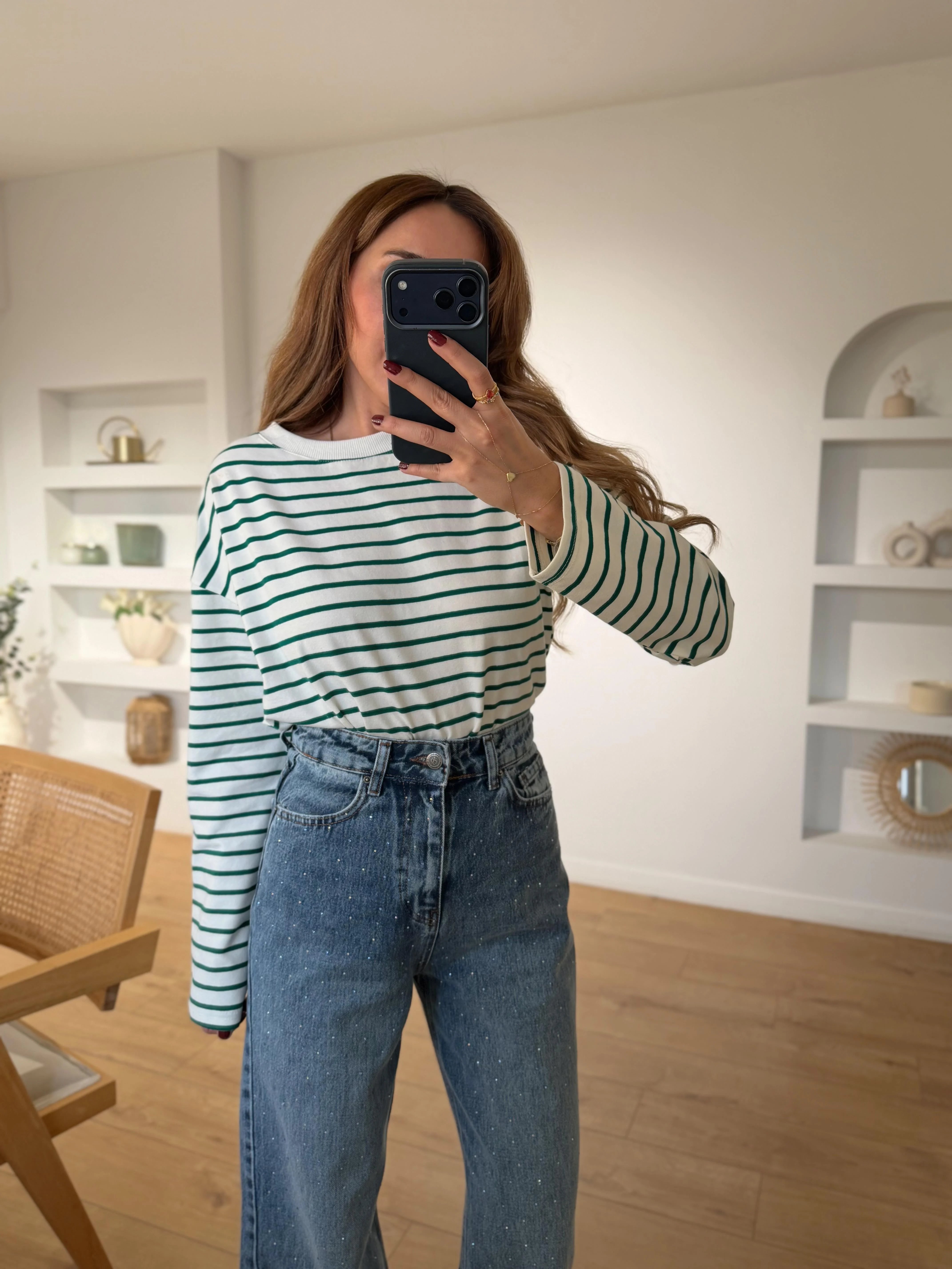 Low 0193 Yeşil Çizgili Uzun Kol Sweatshirt