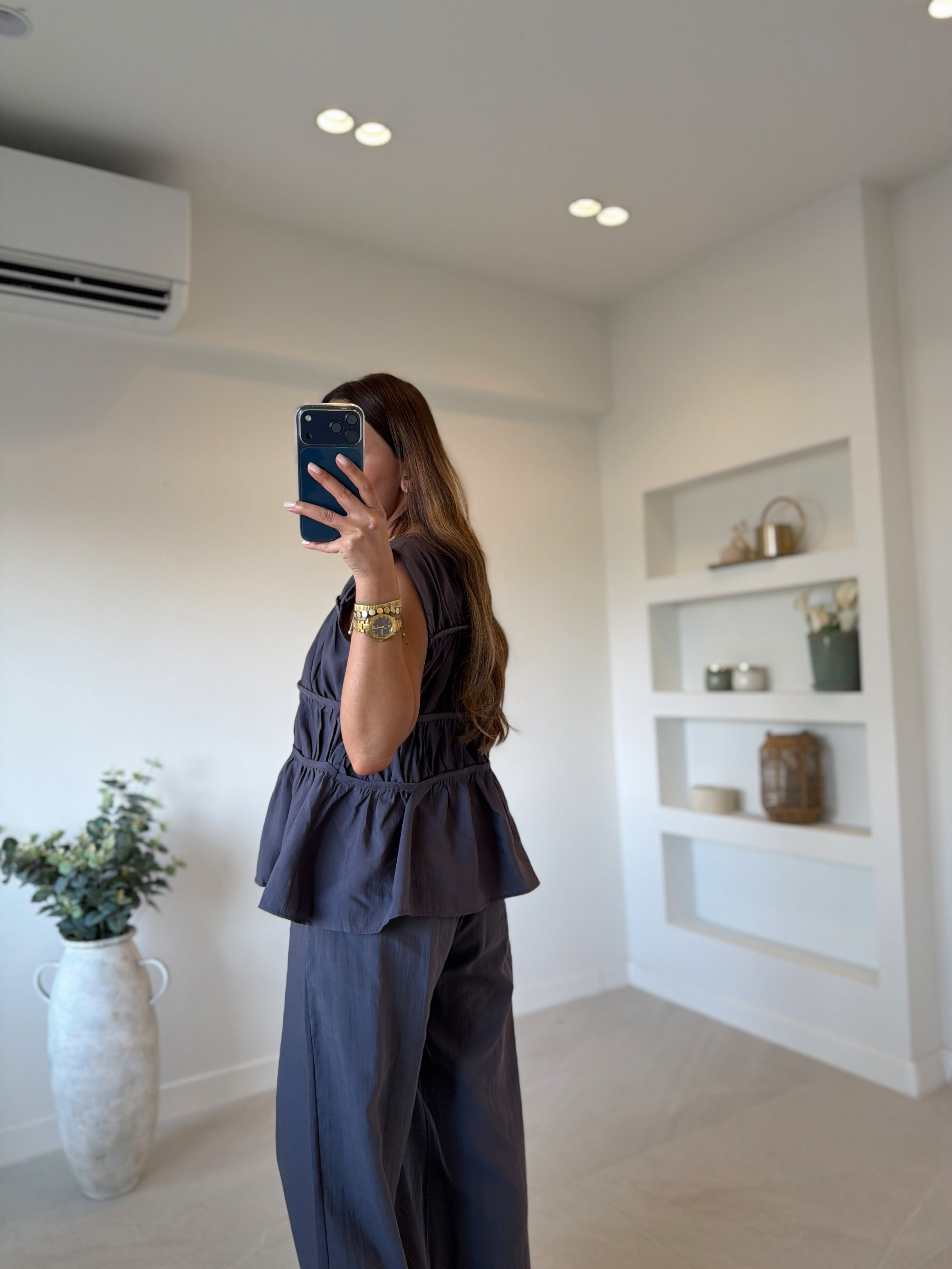 Low 0483 Tensel Nervürlü Antrasit Bluz Pantolon Takım