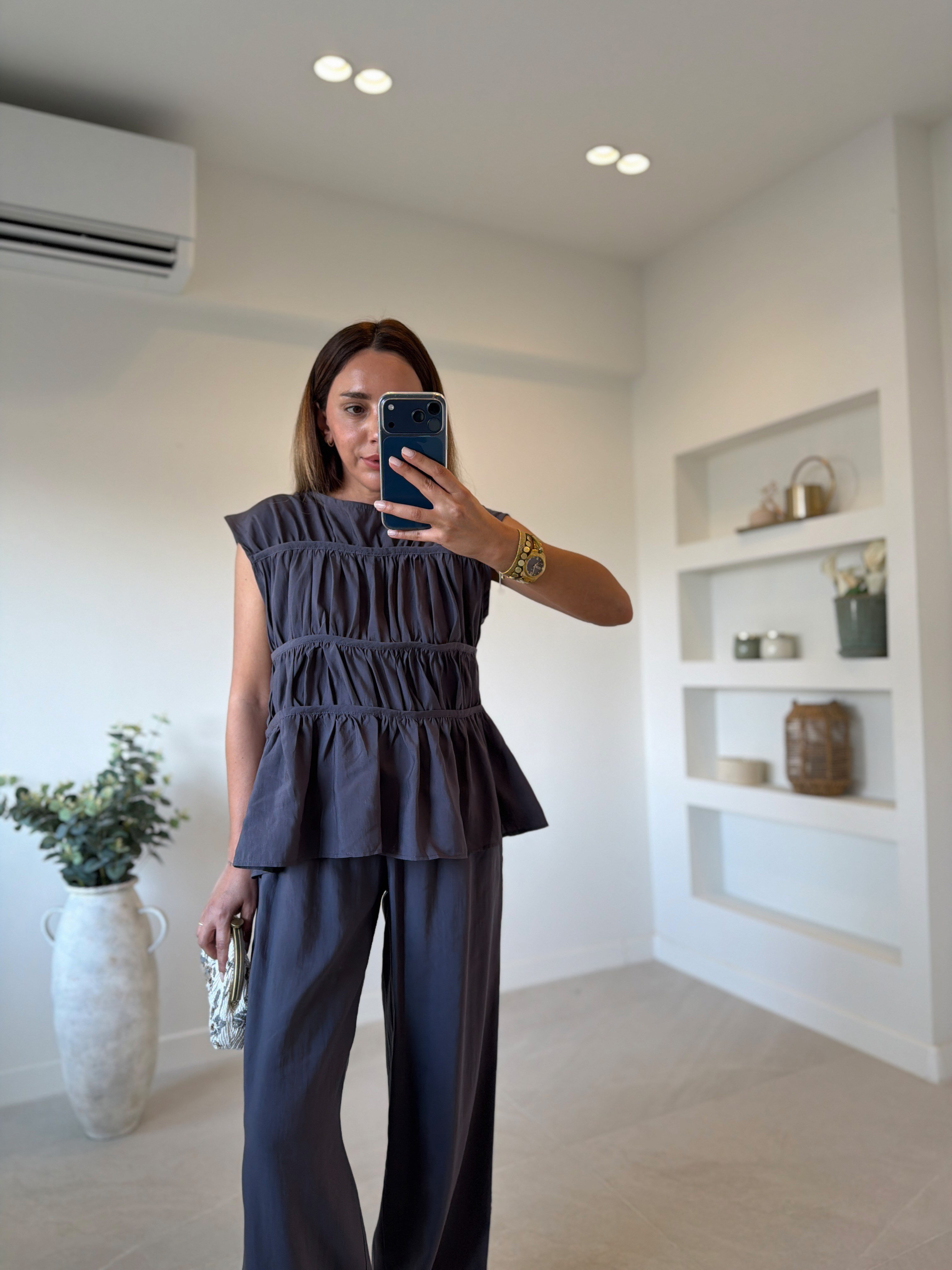 Low 0483 Tensel Nervürlü Antrasit Bluz Pantolon Takım