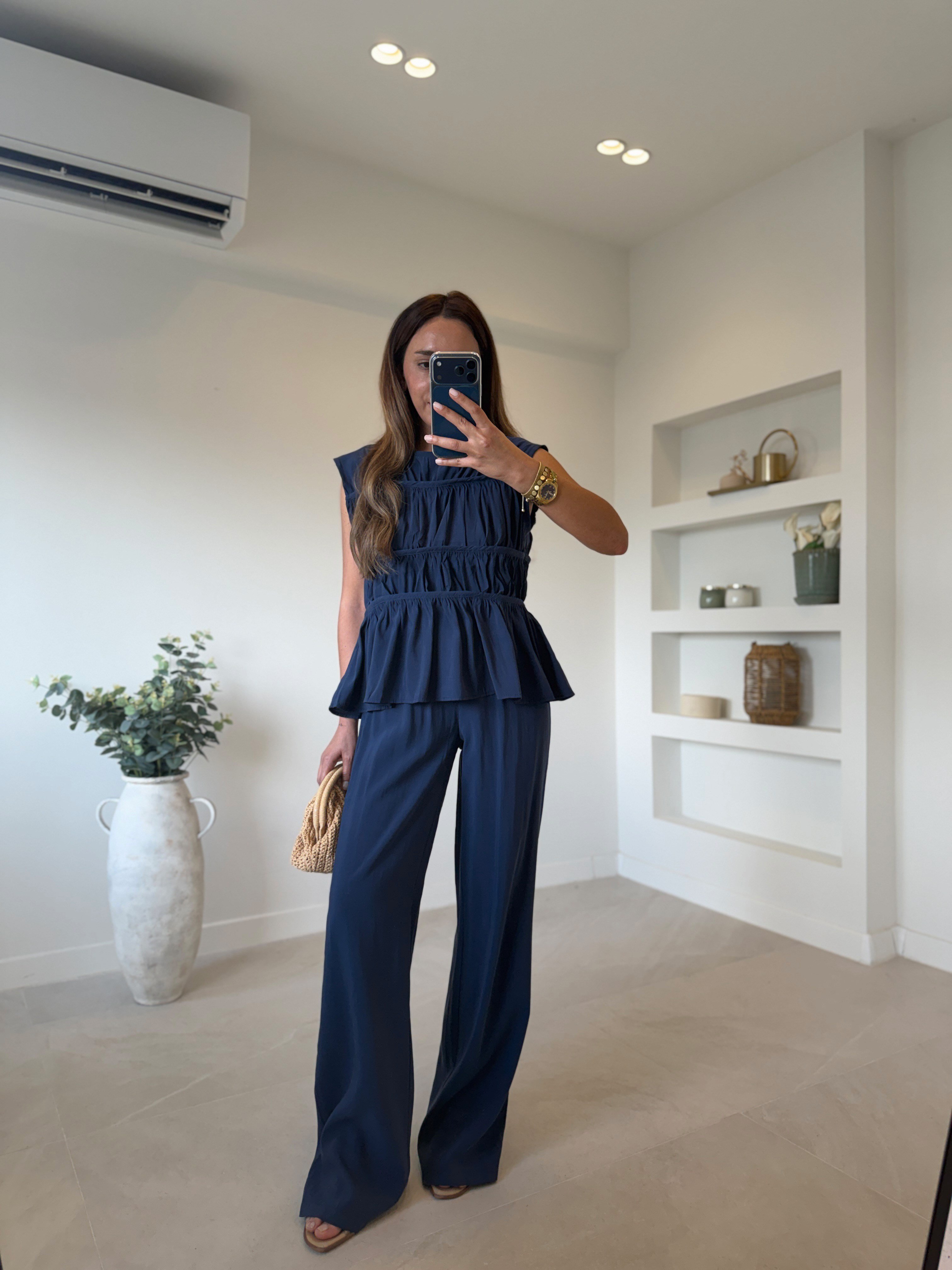 Low 0483 Tensel Nervürlü Lacivert Bluz Pantolon Takım
