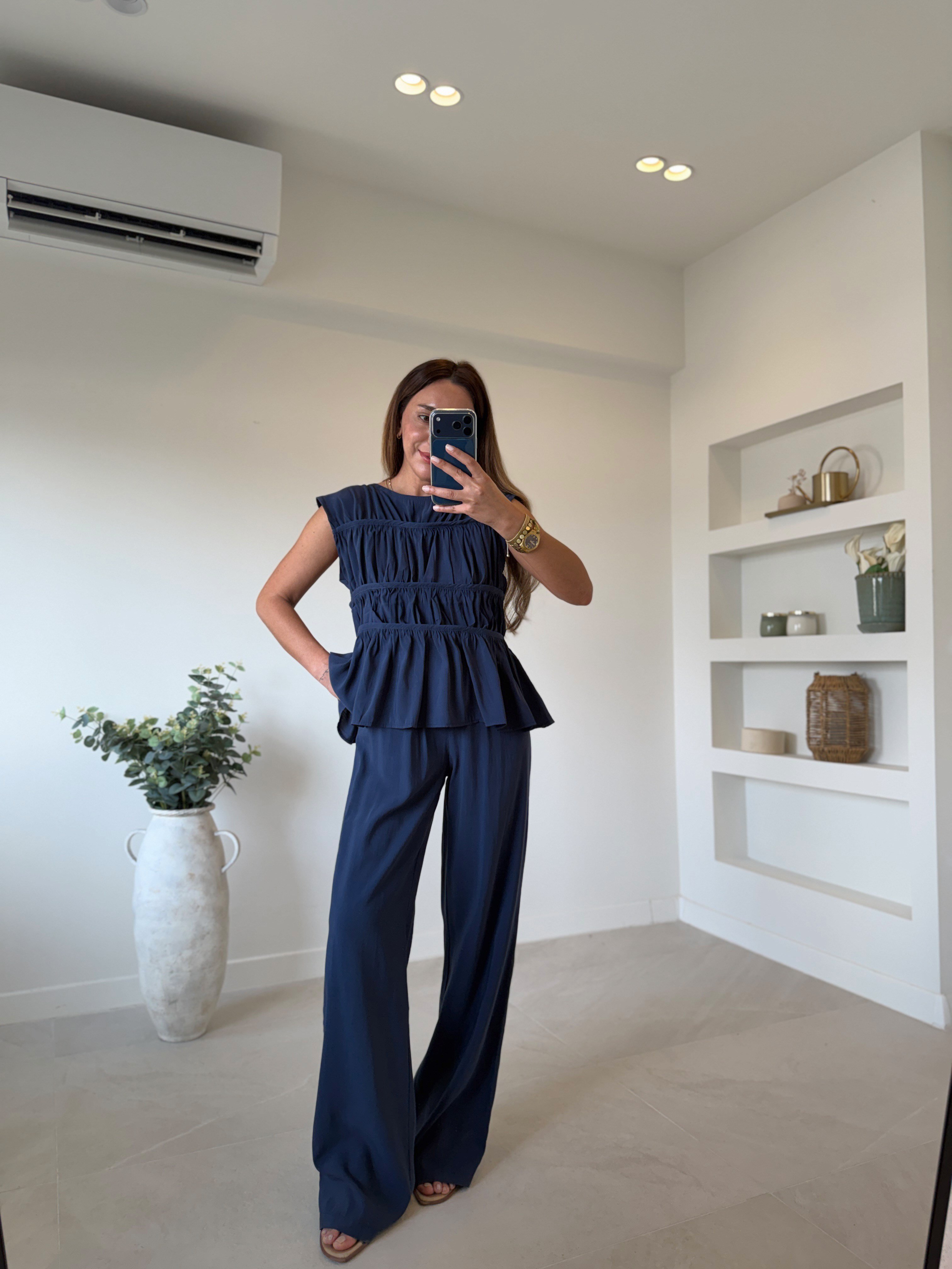 Low 0483 Tensel Nervürlü Lacivert Bluz Pantolon Takım