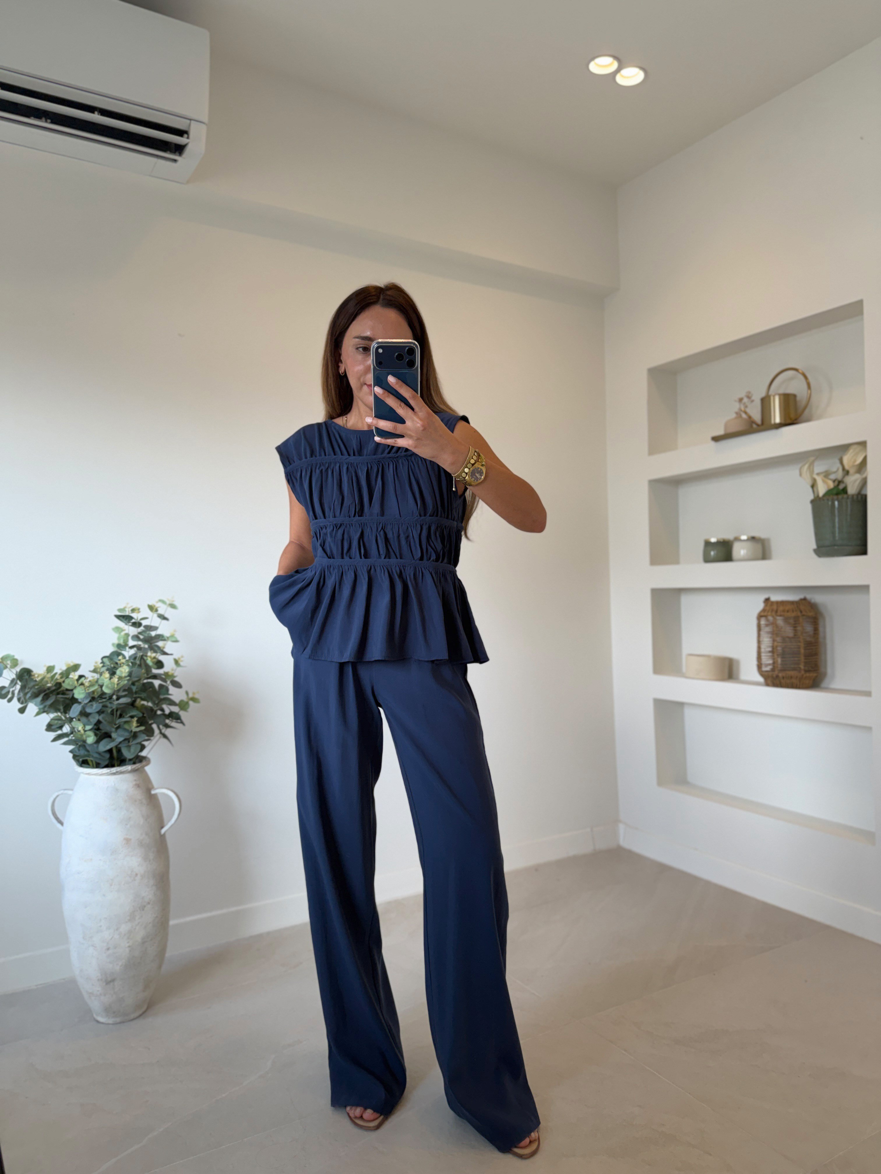 Low 0483 Tensel Nervürlü Lacivert Bluz Pantolon Takım