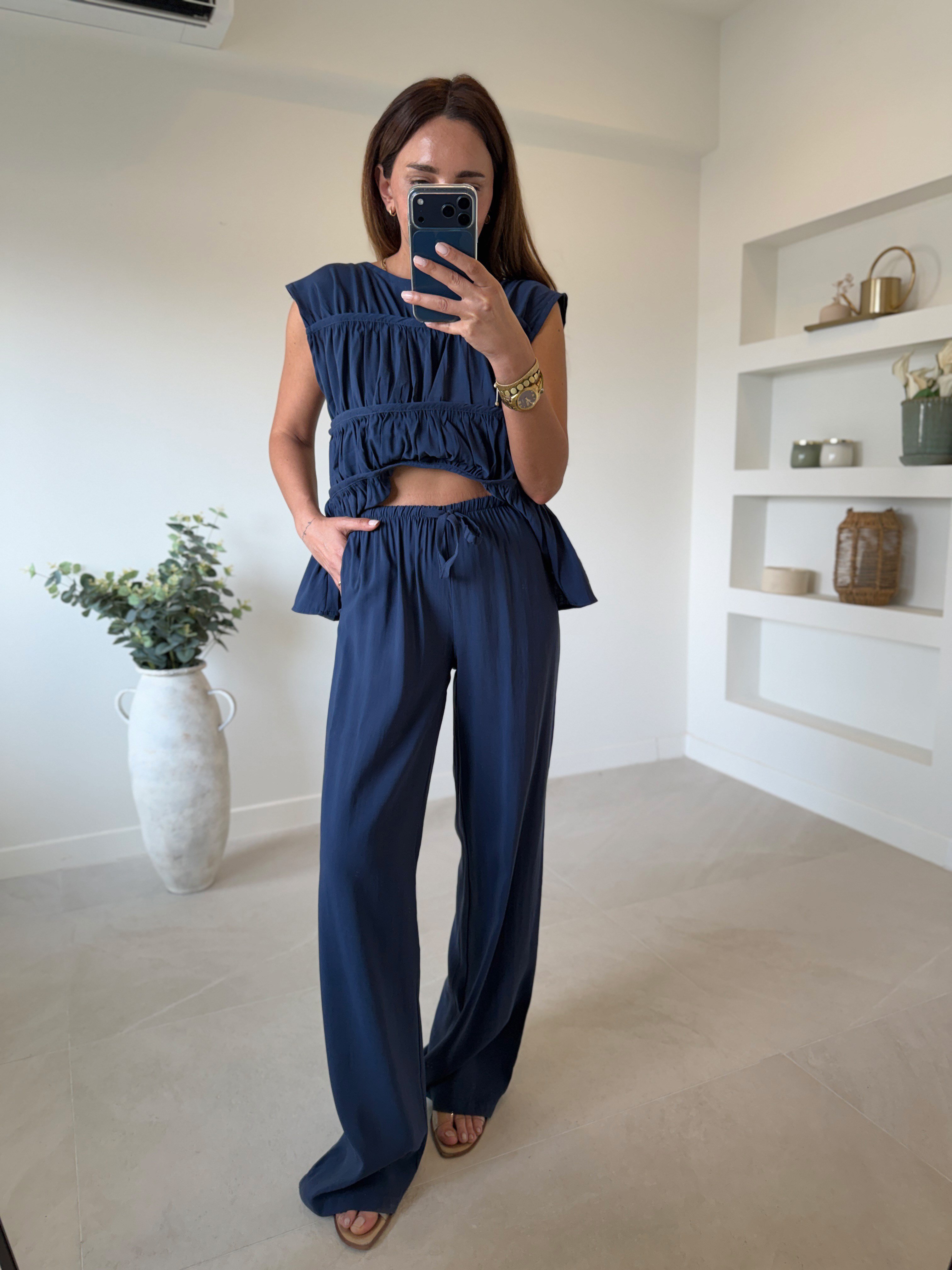 Low 0483 Tensel Nervürlü Lacivert Bluz Pantolon Takım