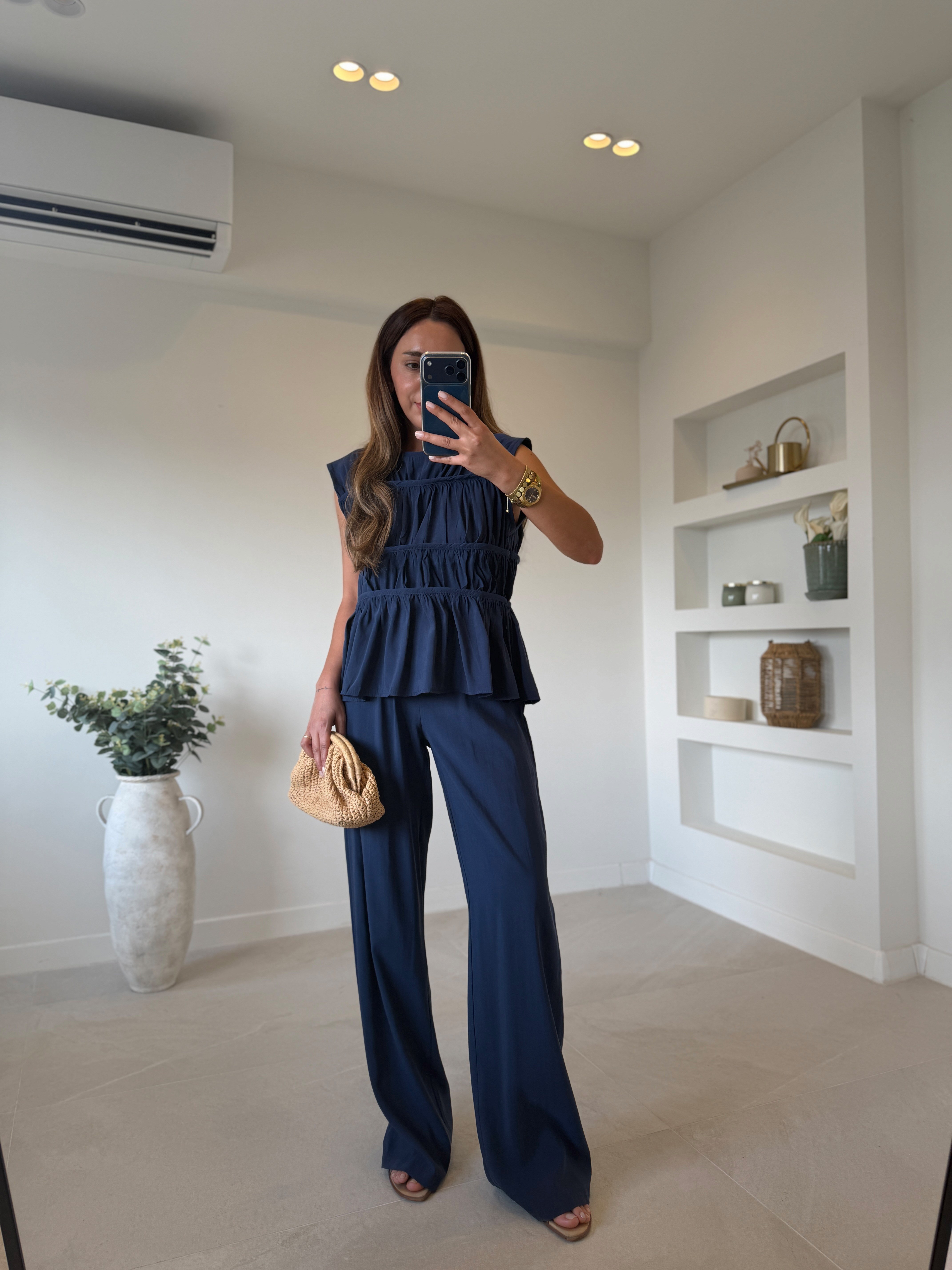 Low 0483 Tensel Nervürlü Lacivert Bluz Pantolon Takım