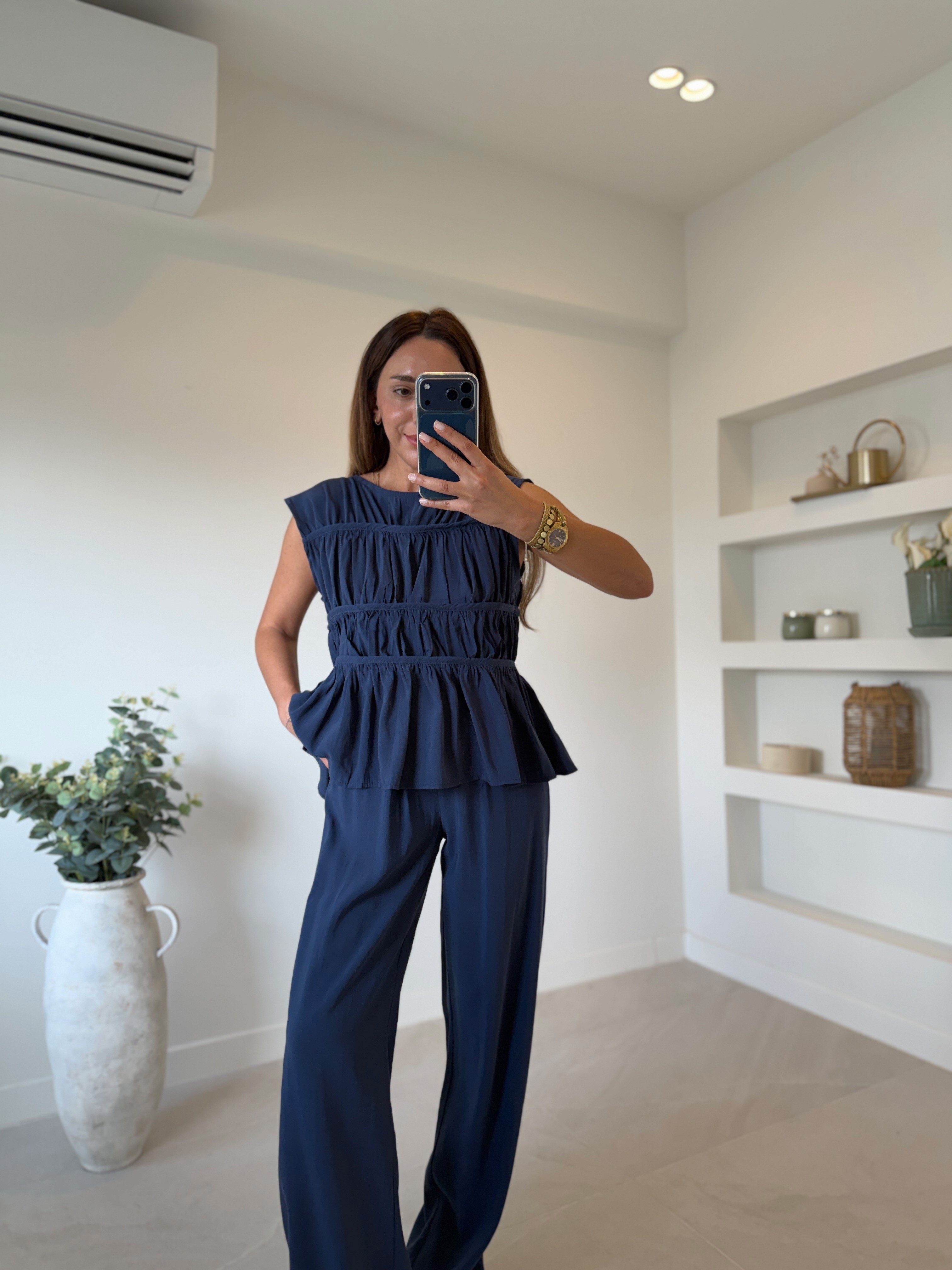 Low 0483 Tensel Nervürlü Lacivert Bluz Pantolon Takım
