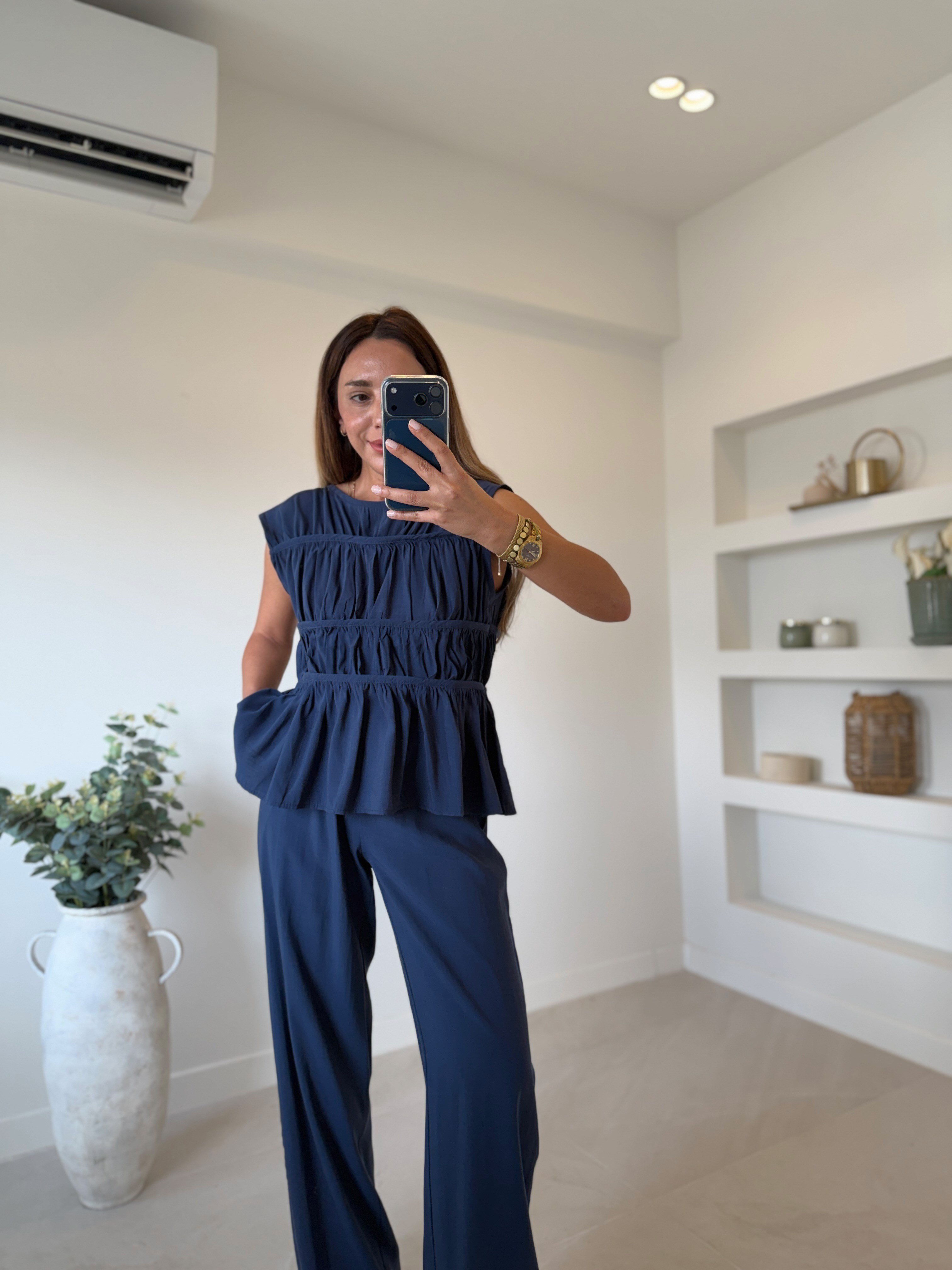 Low 0483 Tensel Nervürlü Lacivert Bluz Pantolon Takım
