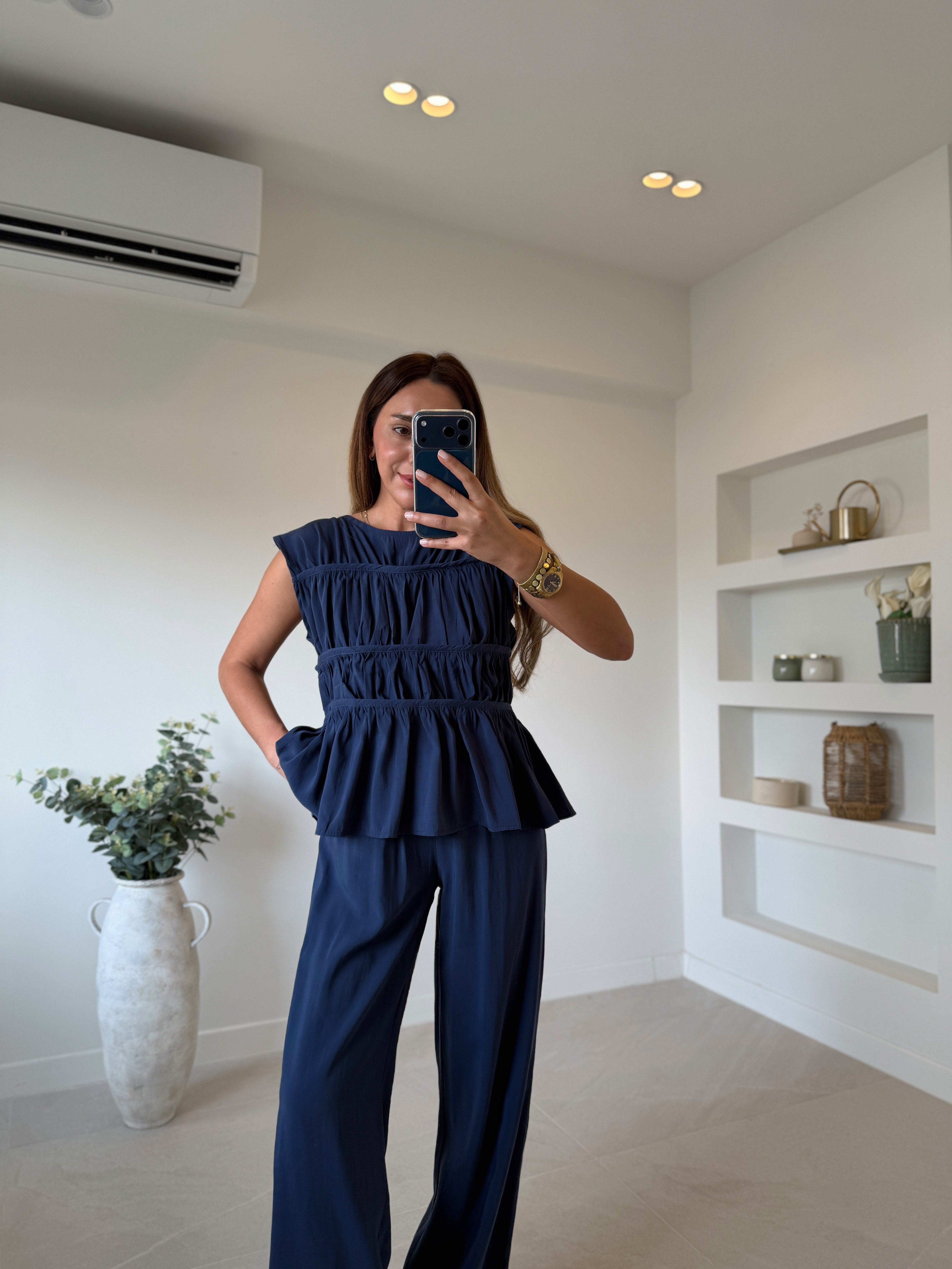 Low 0483 Tensel Nervürlü Lacivert Bluz Pantolon Takım