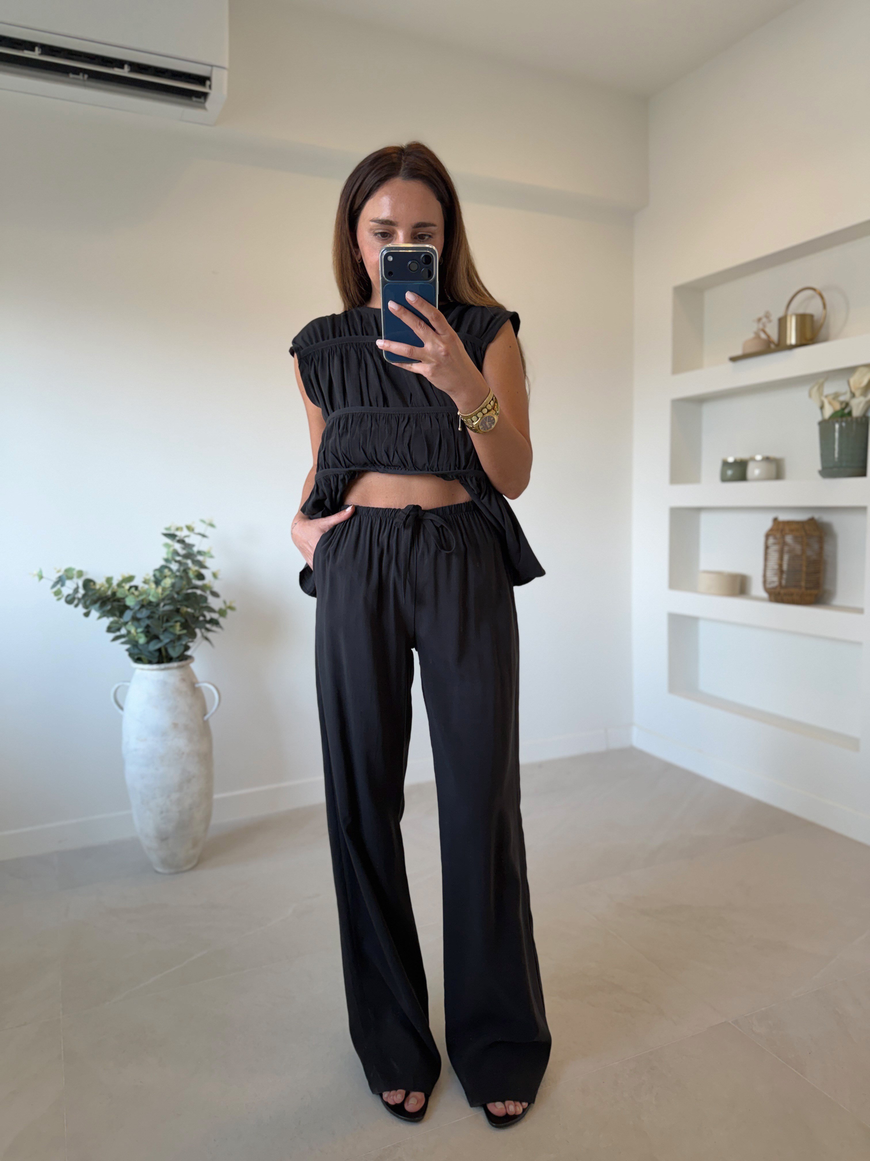 Low 0483 Tensel Nervürlü Siyah Bluz Pantolon Takım