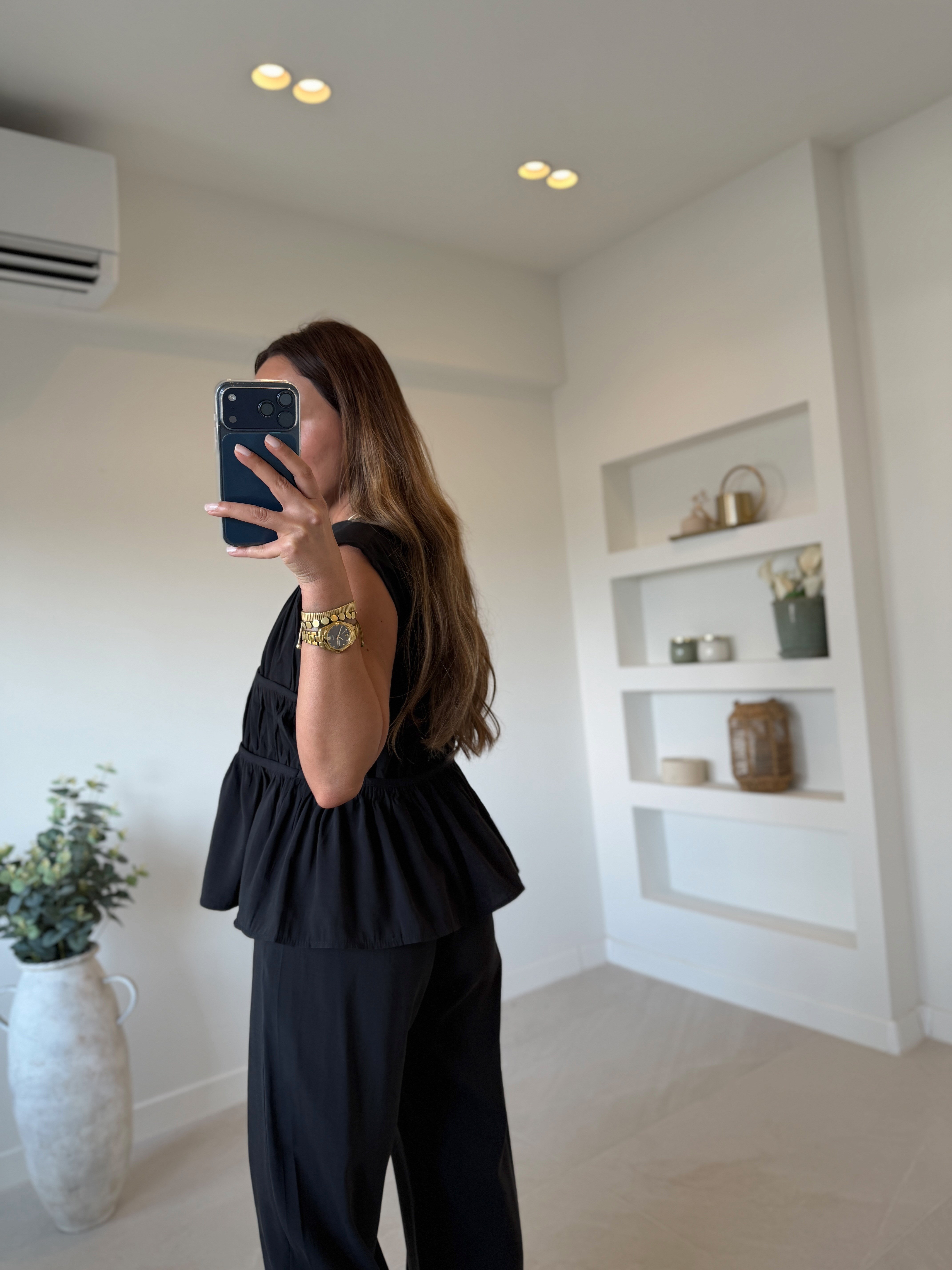 Low 0483 Tensel Nervürlü Siyah Bluz Pantolon Takım