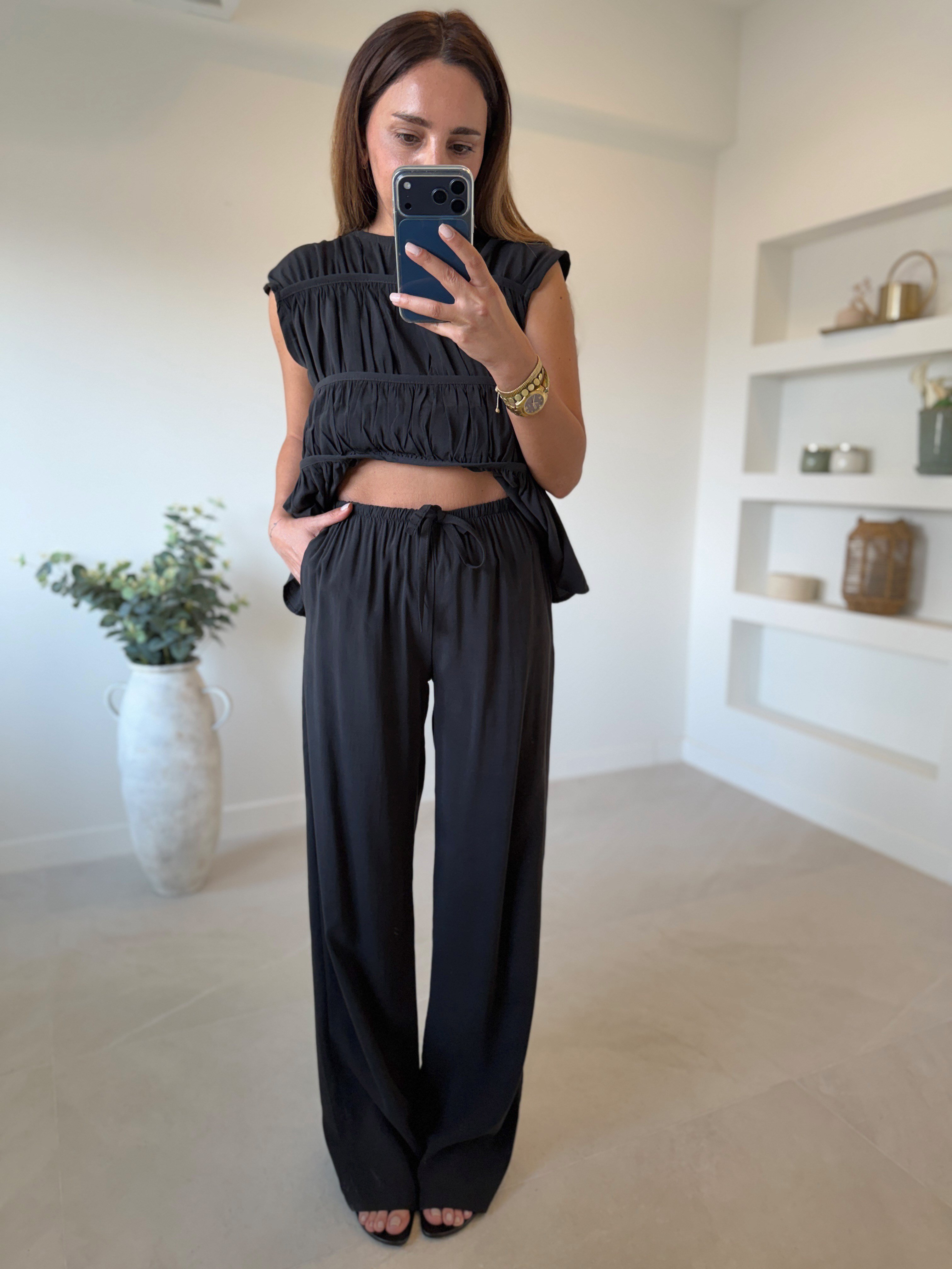 Low 0483 Tensel Nervürlü Siyah Bluz Pantolon Takım