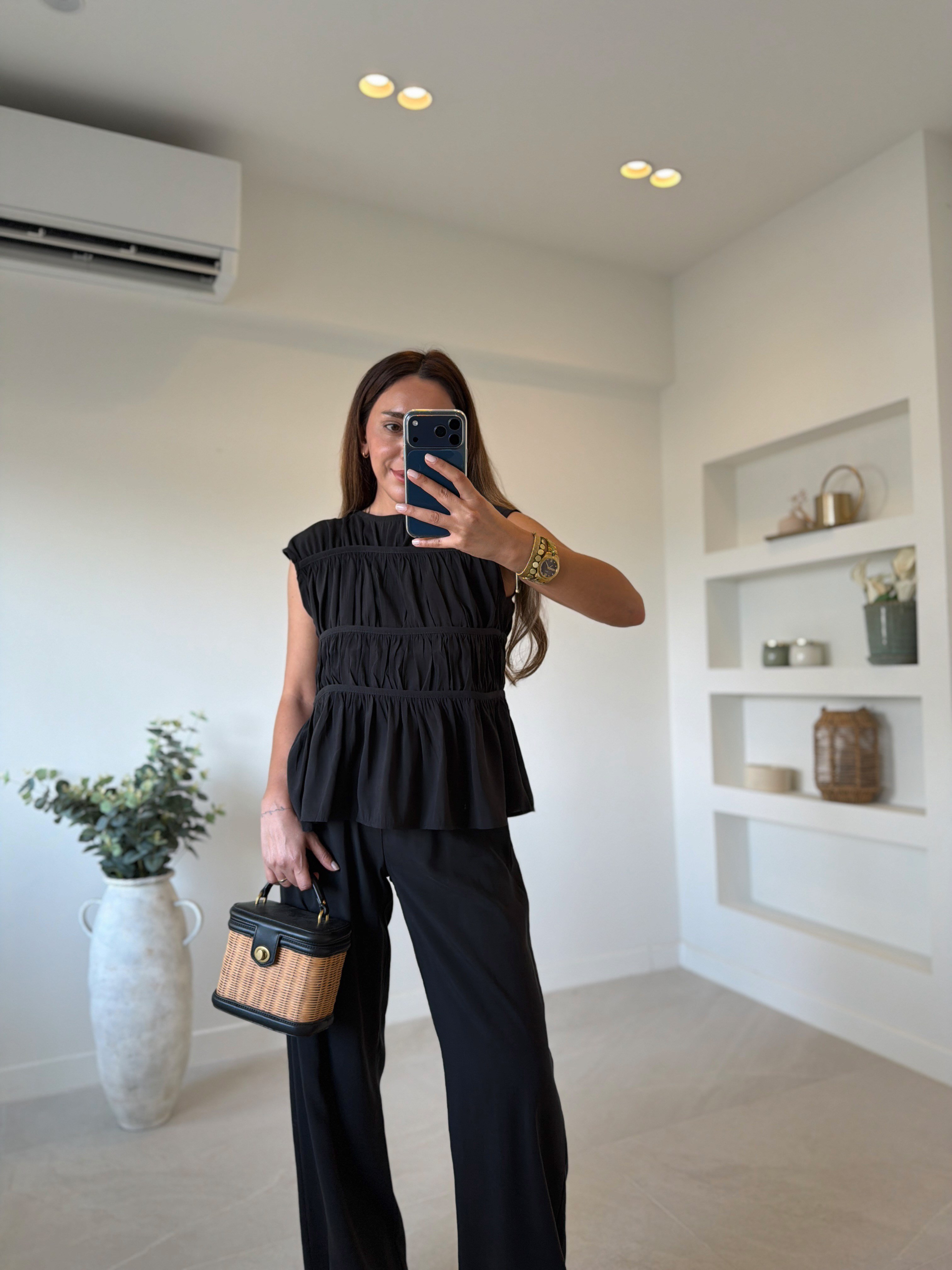 Low 0483 Tensel Nervürlü Siyah Bluz Pantolon Takım