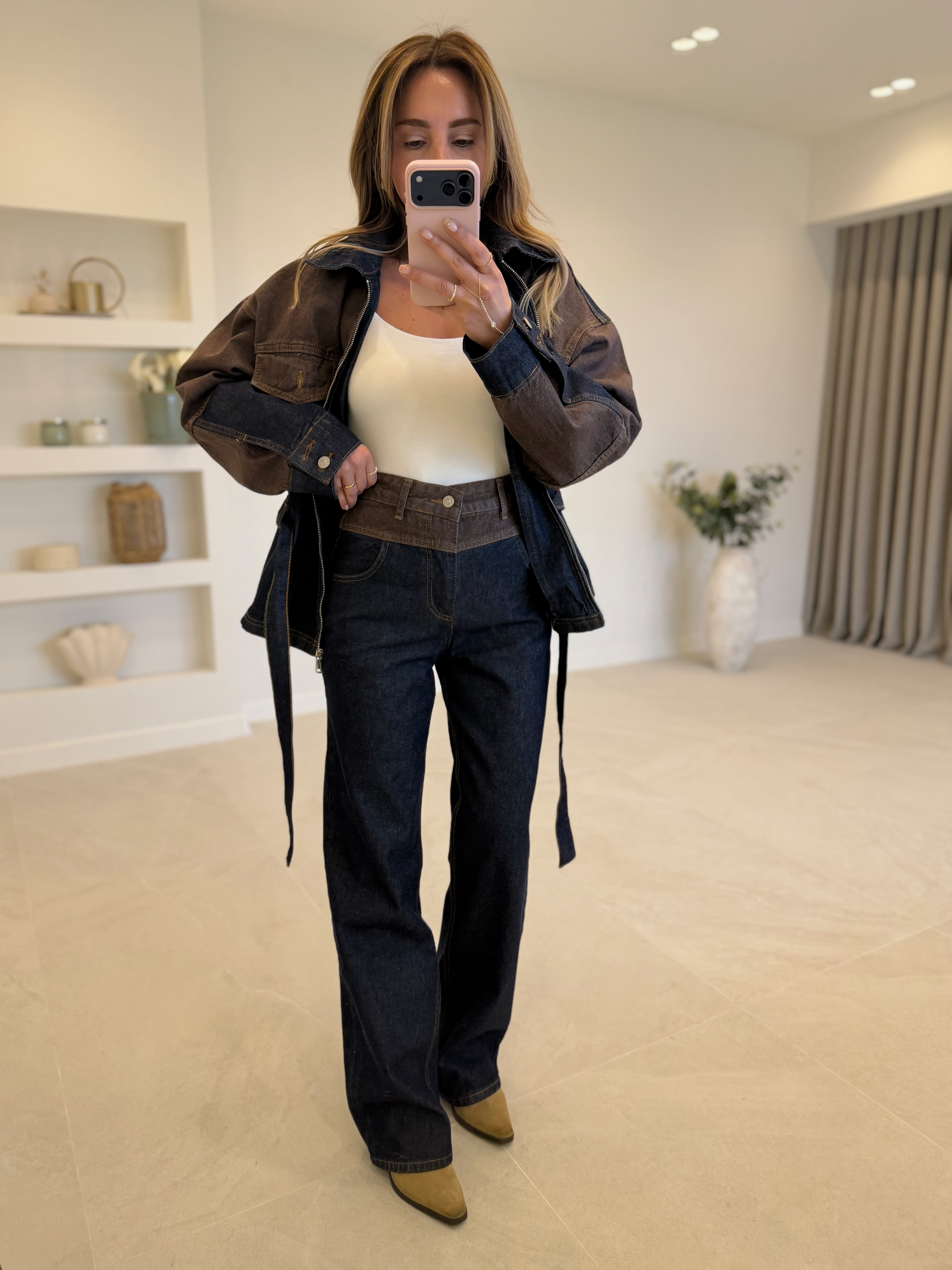 Low 0836 Çift Renk Denim Ceket Pantolon Takım