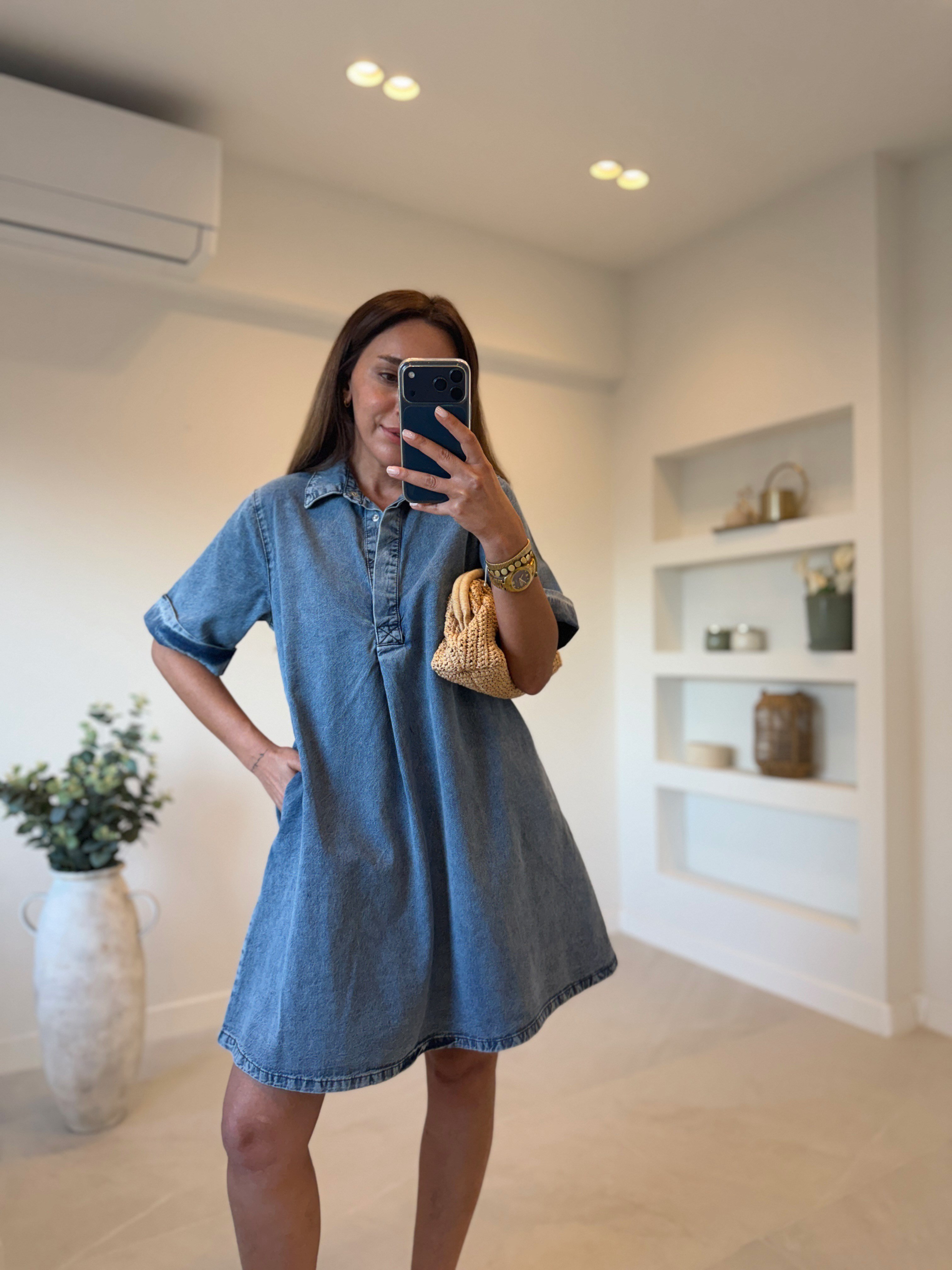 Low 1030 Mavi Yıkamalı Denim Elbise