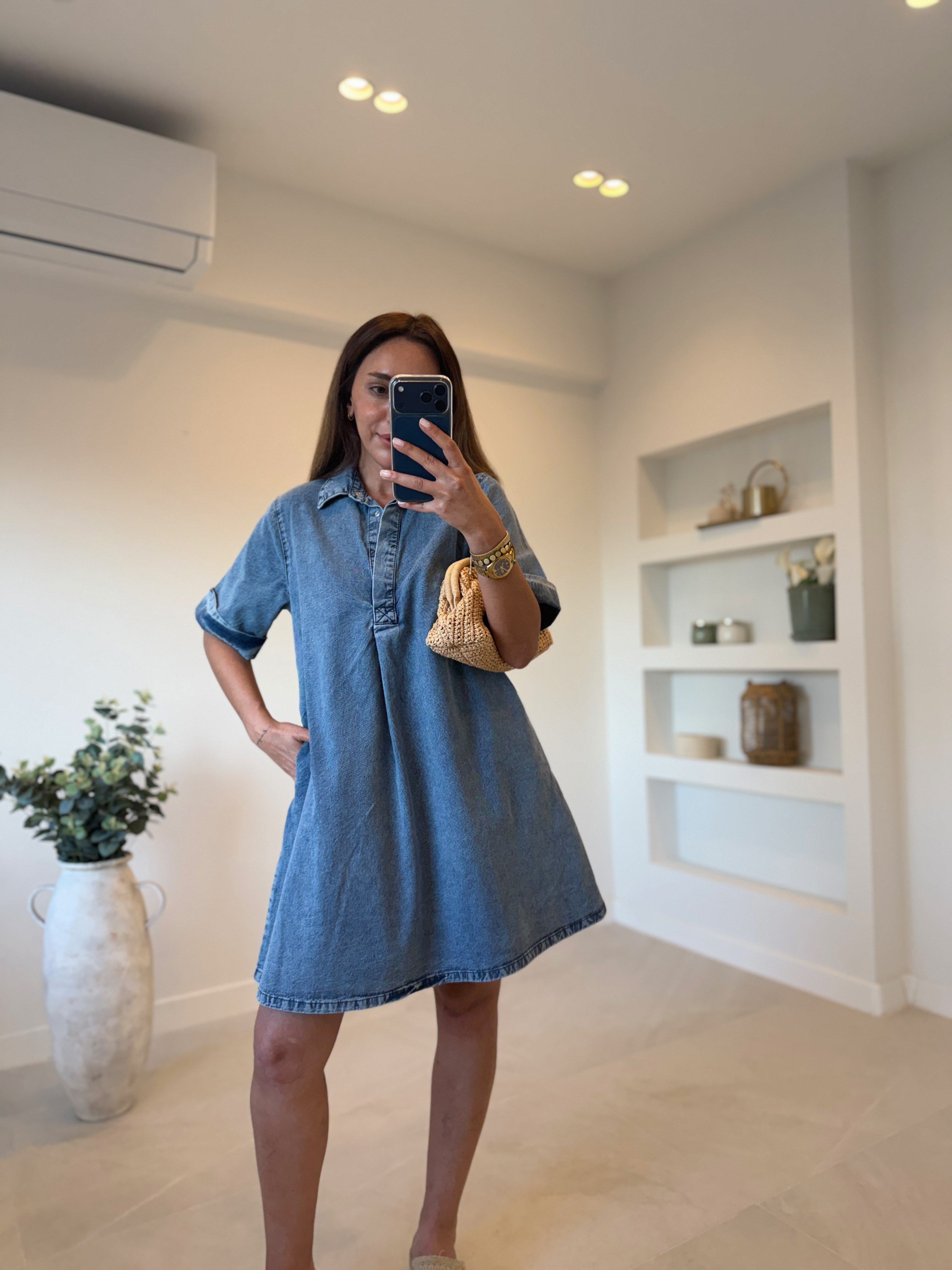 Low 1030 Mavi Yıkamalı Denim Elbise