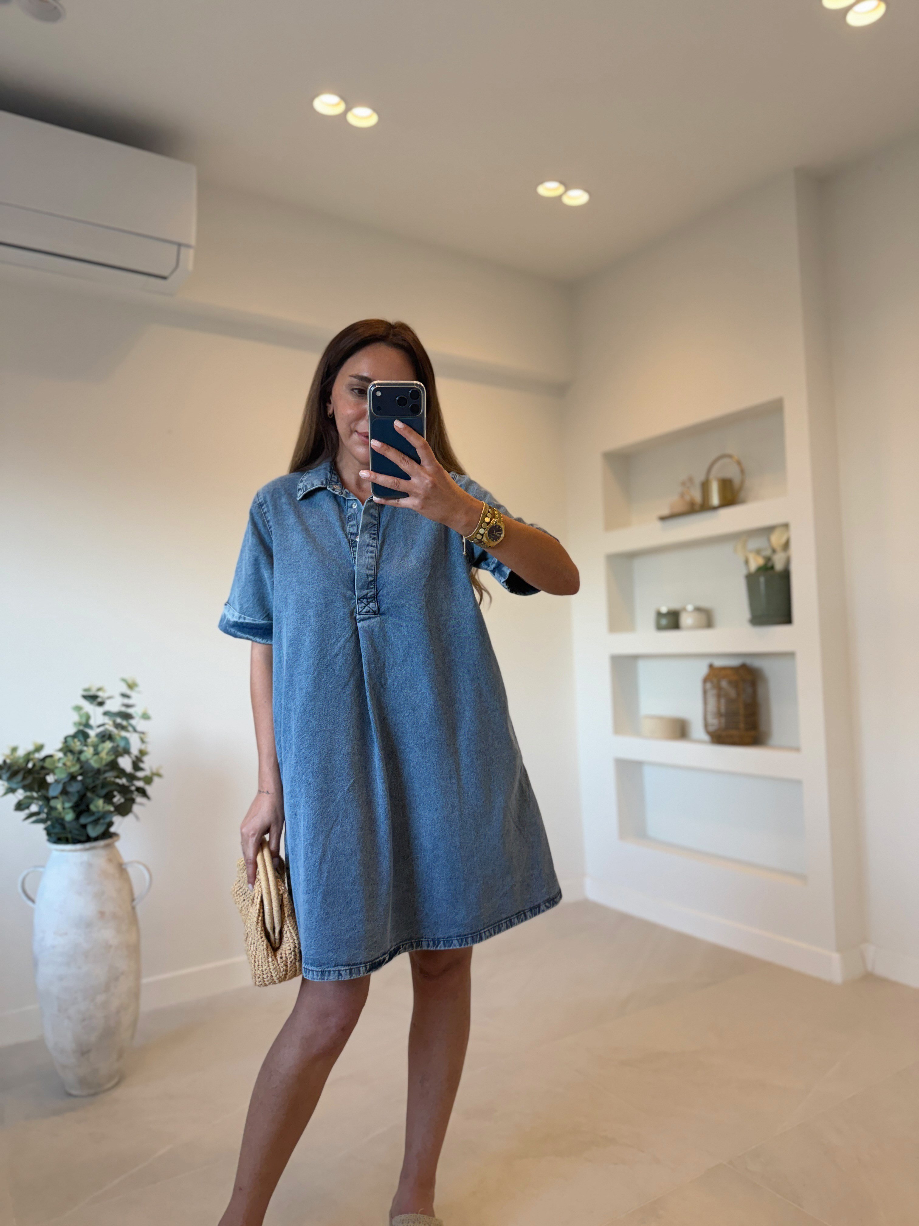 Low 1030 Mavi Yıkamalı Denim Elbise