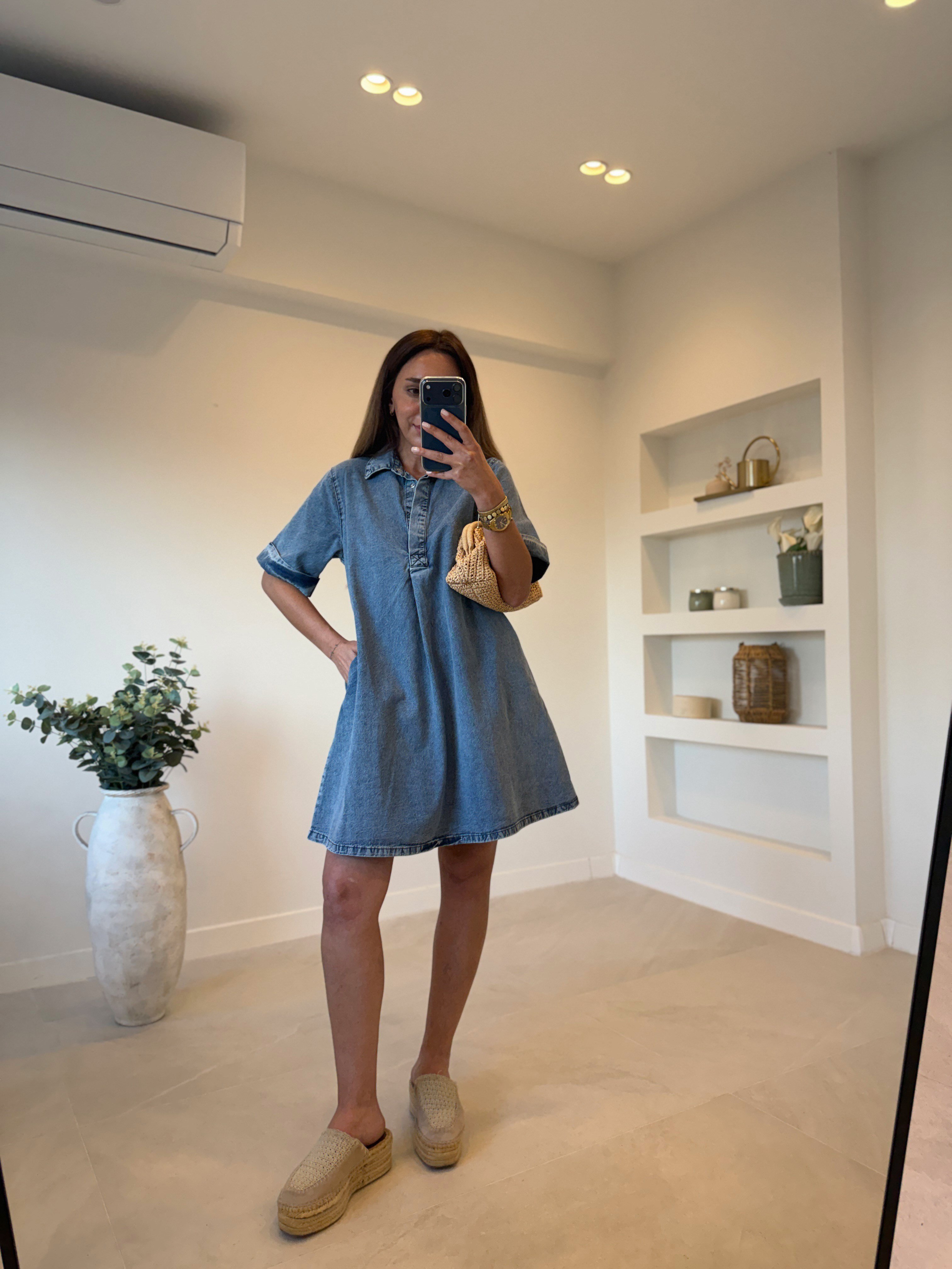 Low 1030 Mavi Yıkamalı Denim Elbise