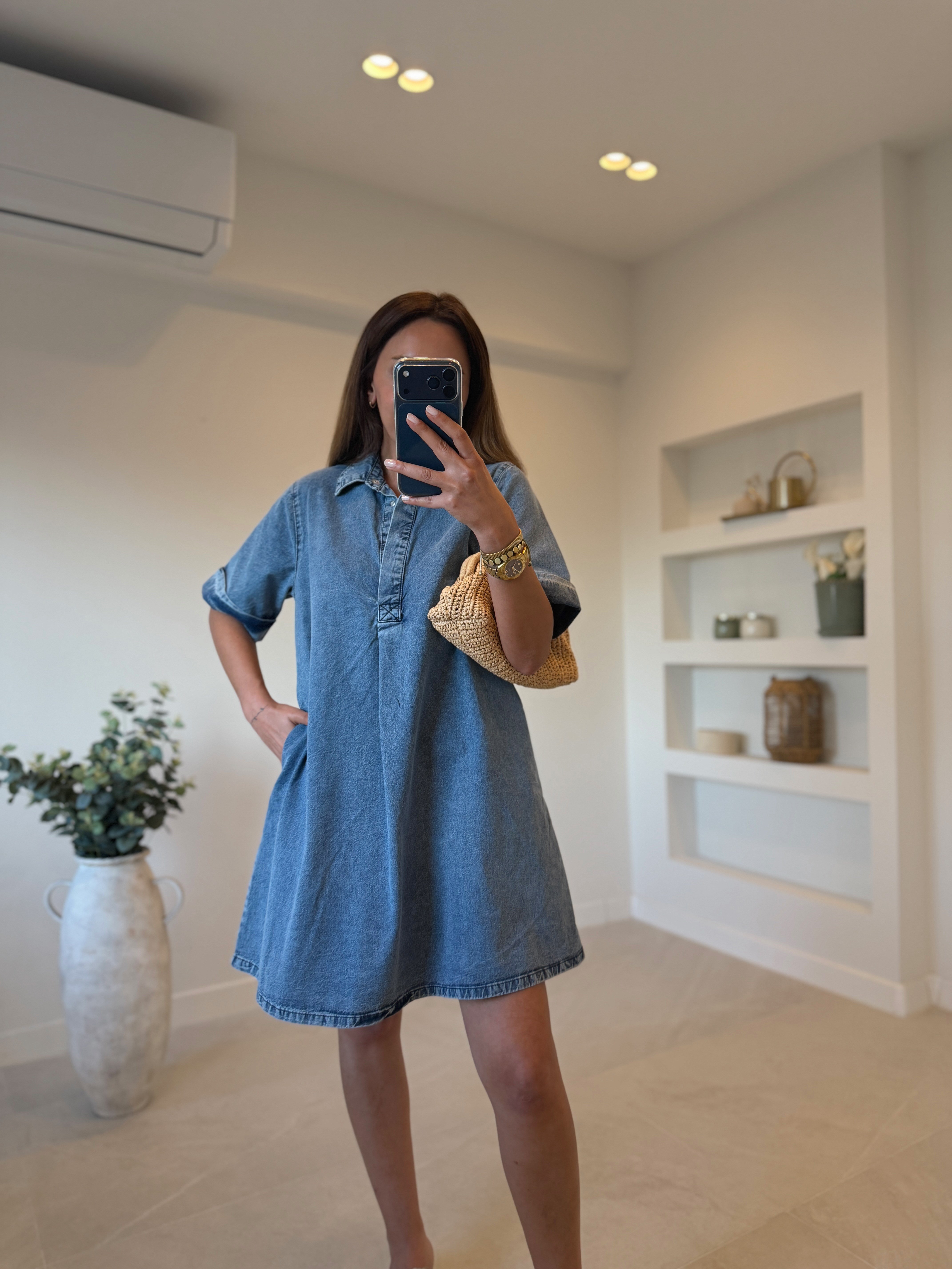 Low 1030 Mavi Yıkamalı Denim Elbise