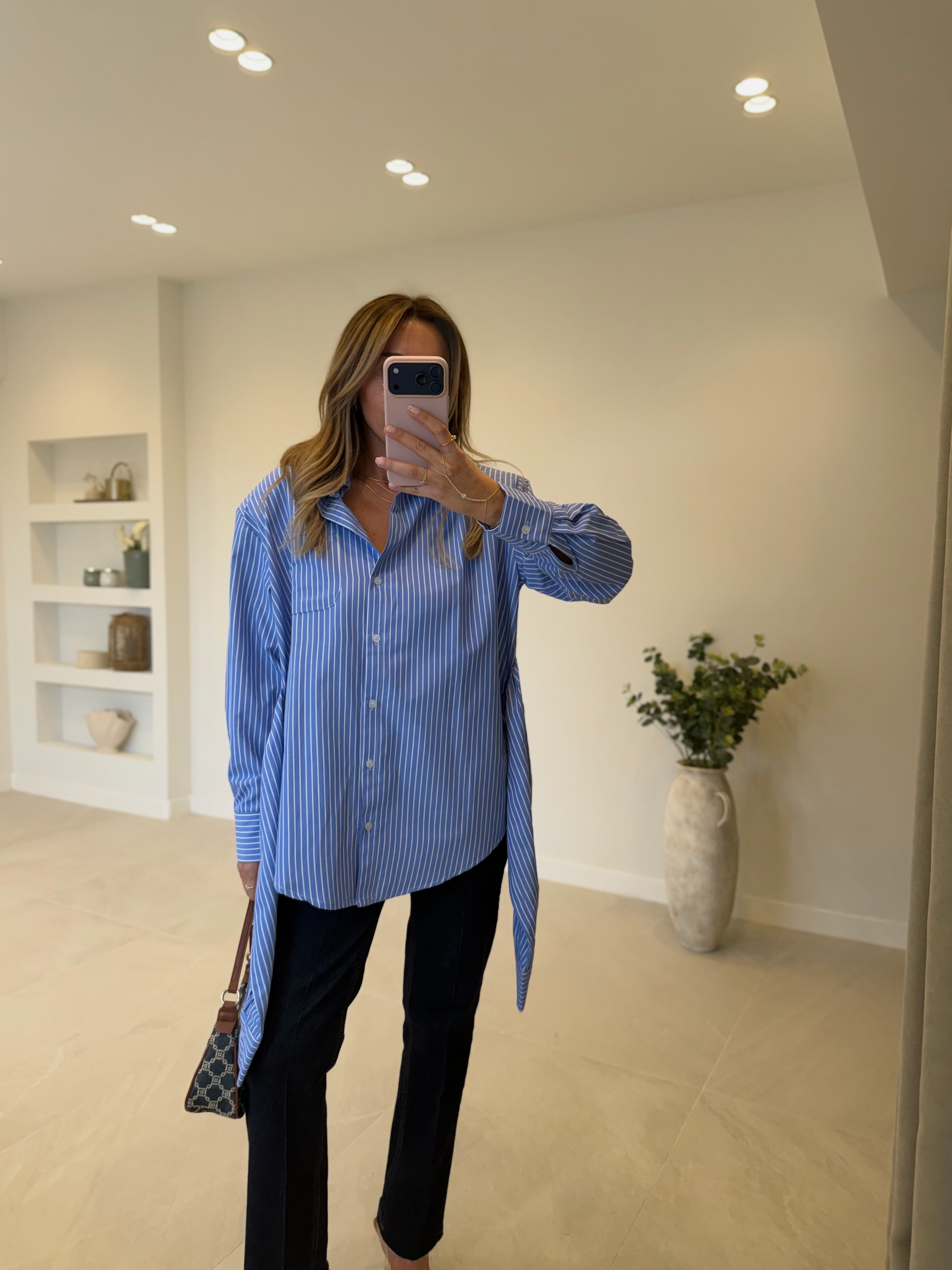 Low 3198 Çizgili Vatkalı Kuşaklı Mavi Gömlek