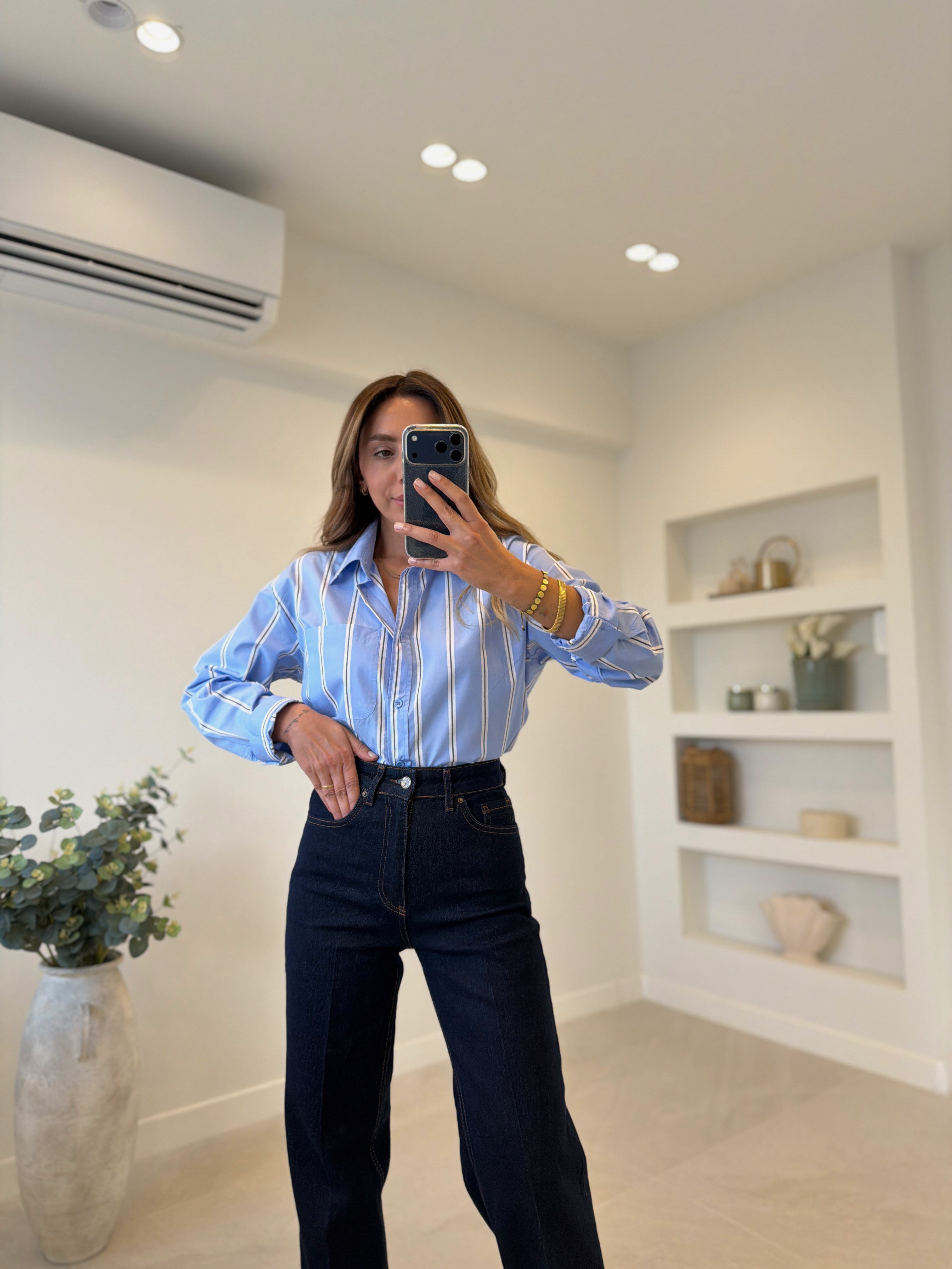 Low 3244 Mavi Oversize Çizgili Gömlek
