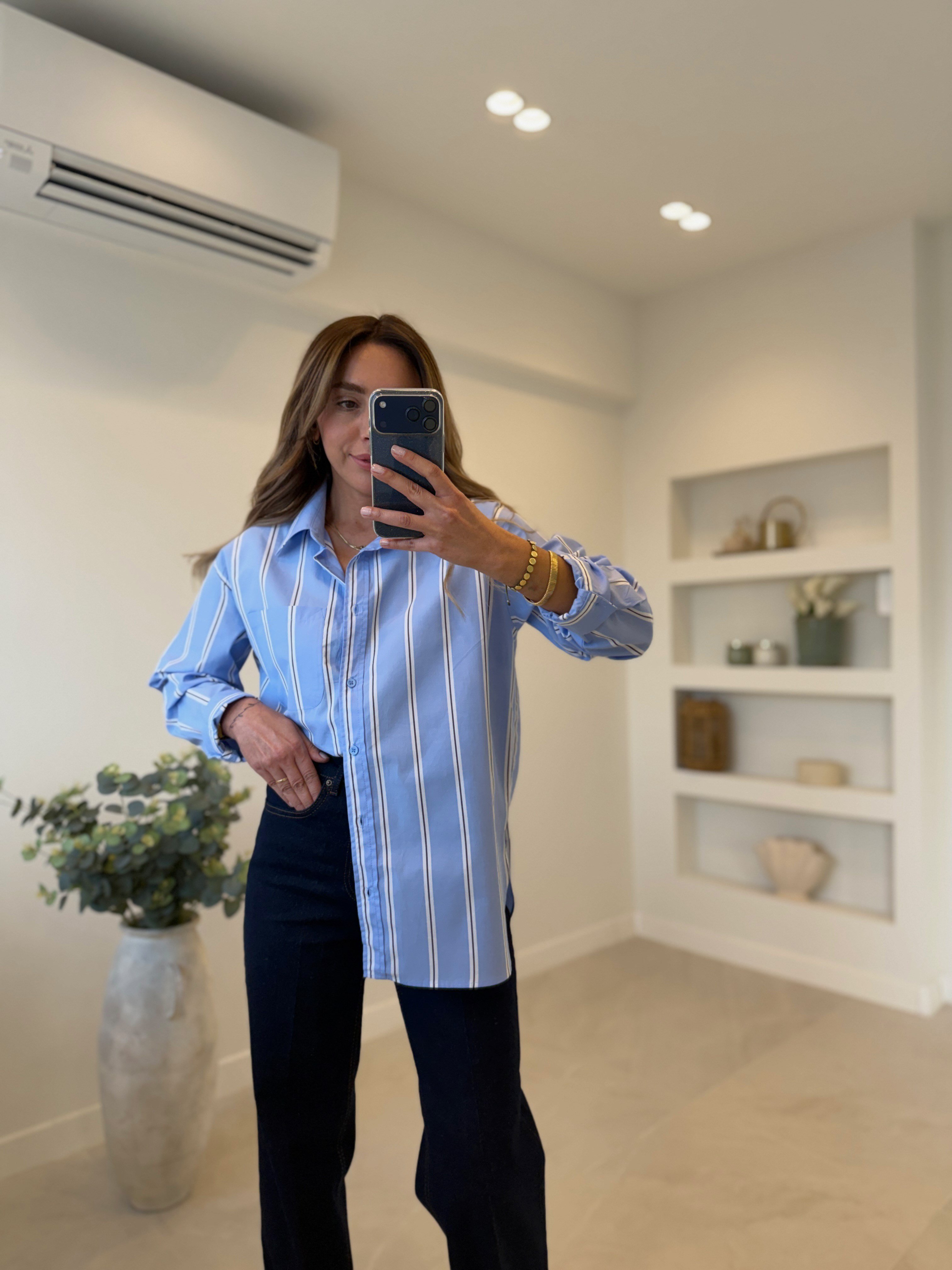 Low 3244 Mavi Oversize Çizgili Gömlek
