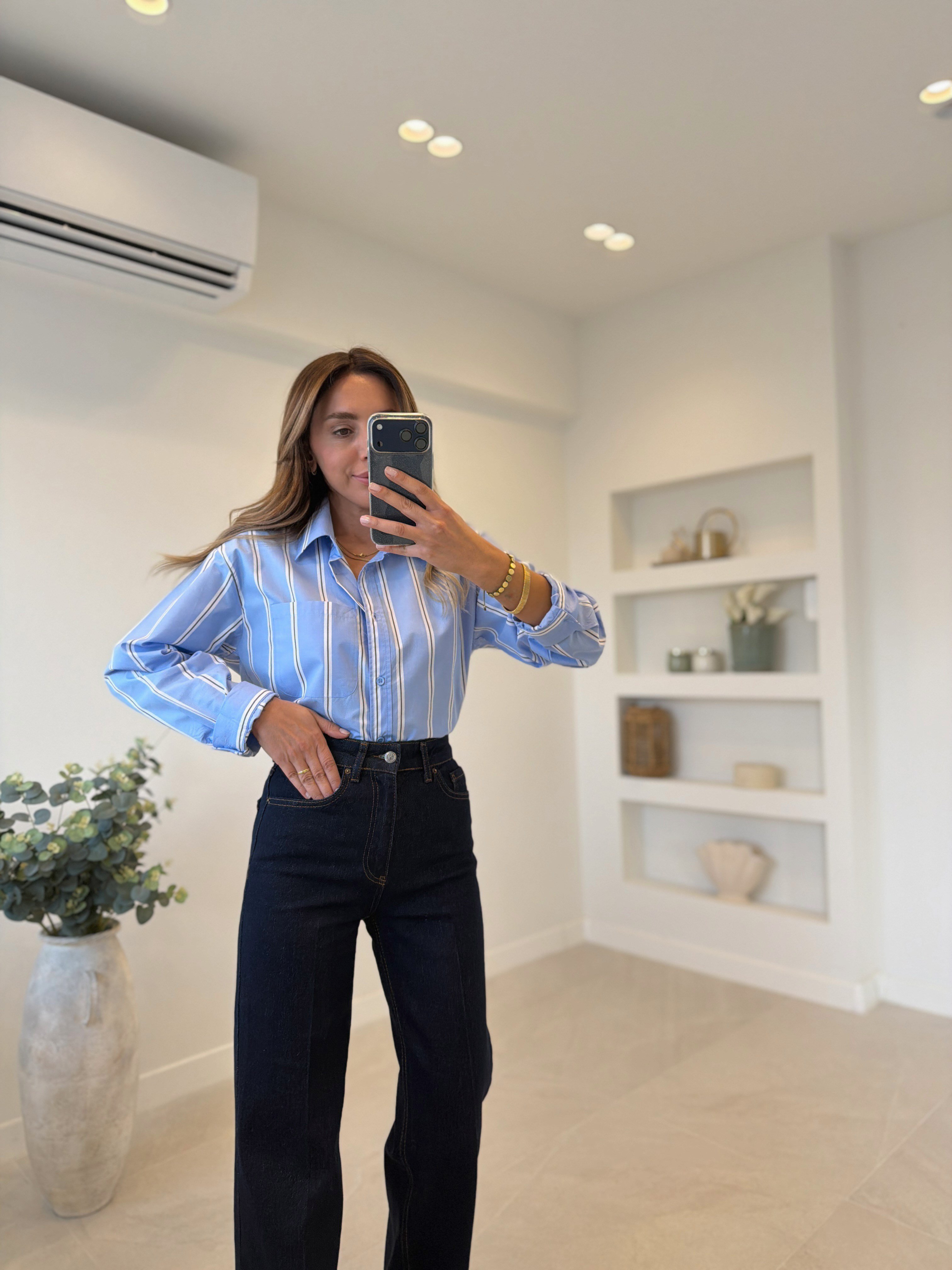 Low 3244 Mavi Oversize Çizgili Gömlek