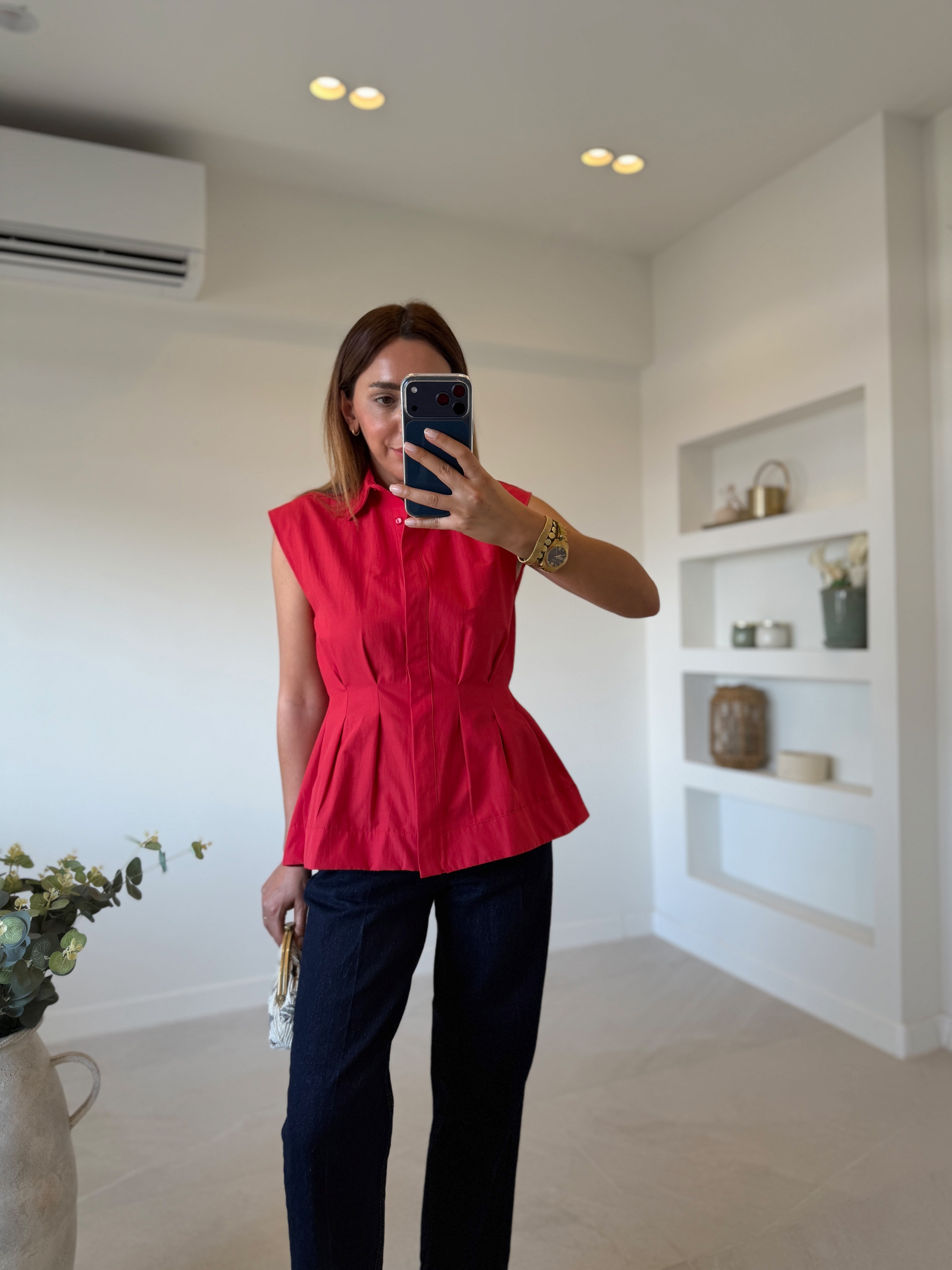 Low 3273 Pilili Kırmızı Kolsuz Gömlek