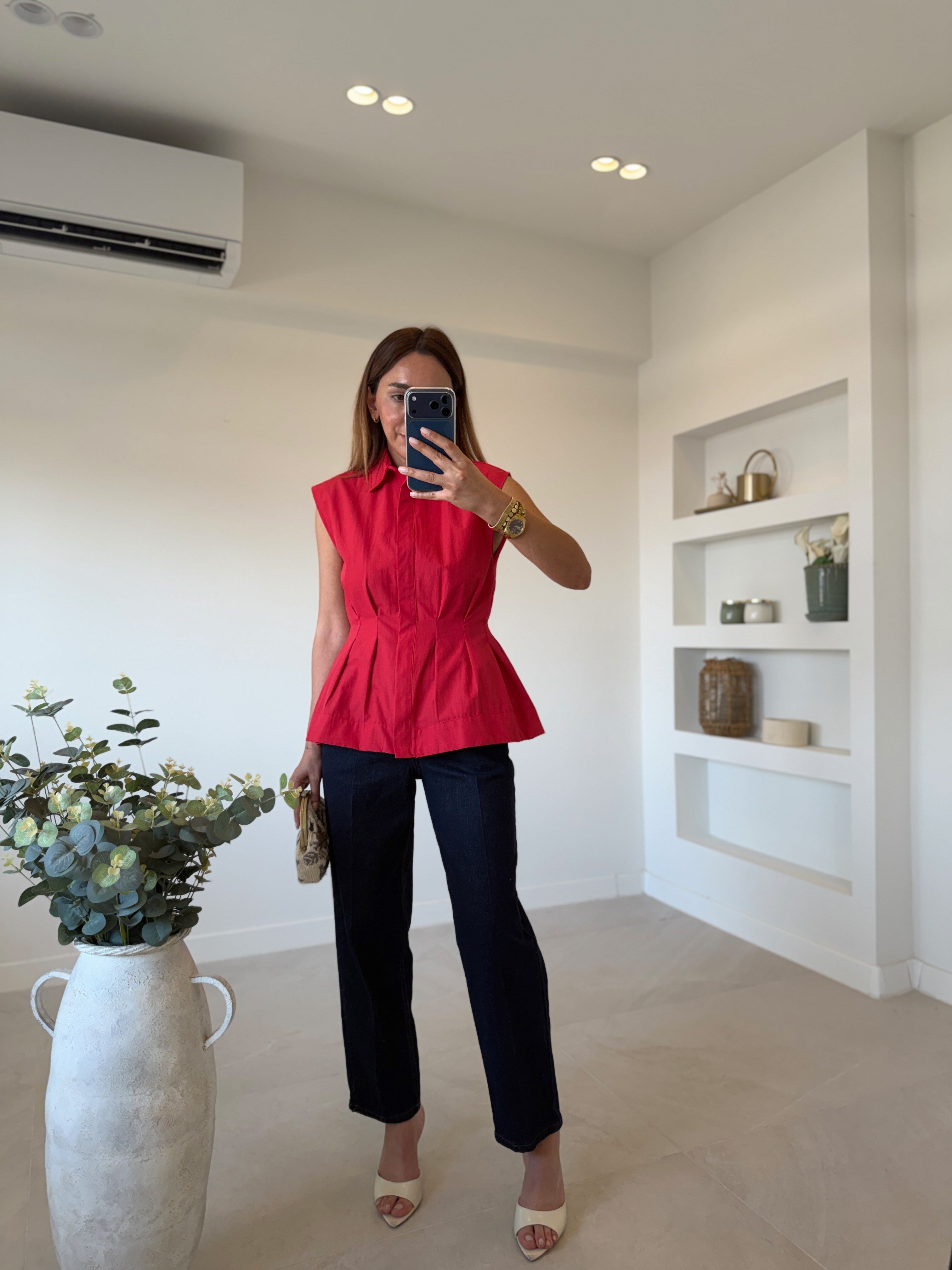 Low 3273 Pilili Kırmızı Kolsuz Gömlek