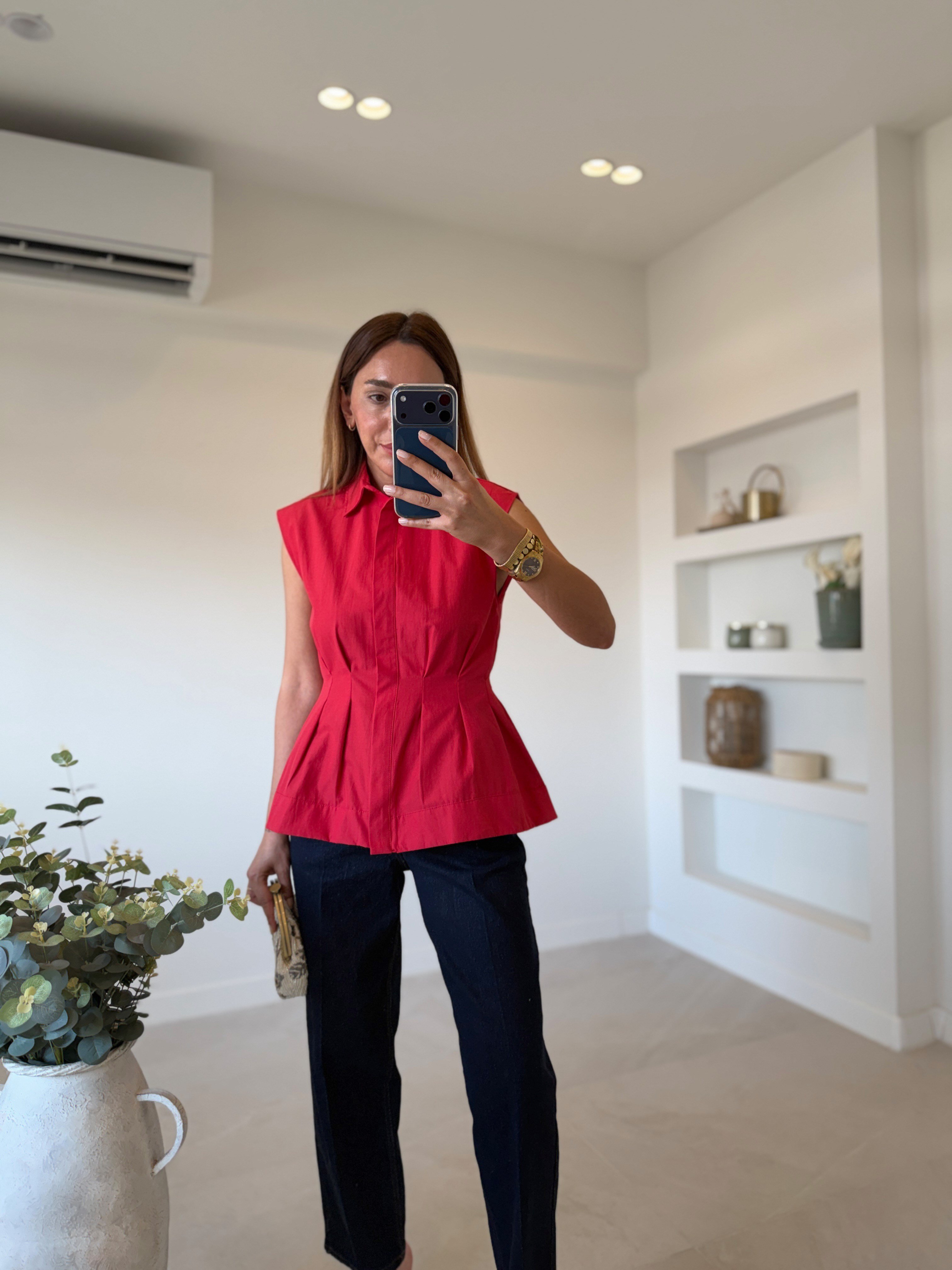 Low 3273 Pilili Kırmızı Kolsuz Gömlek