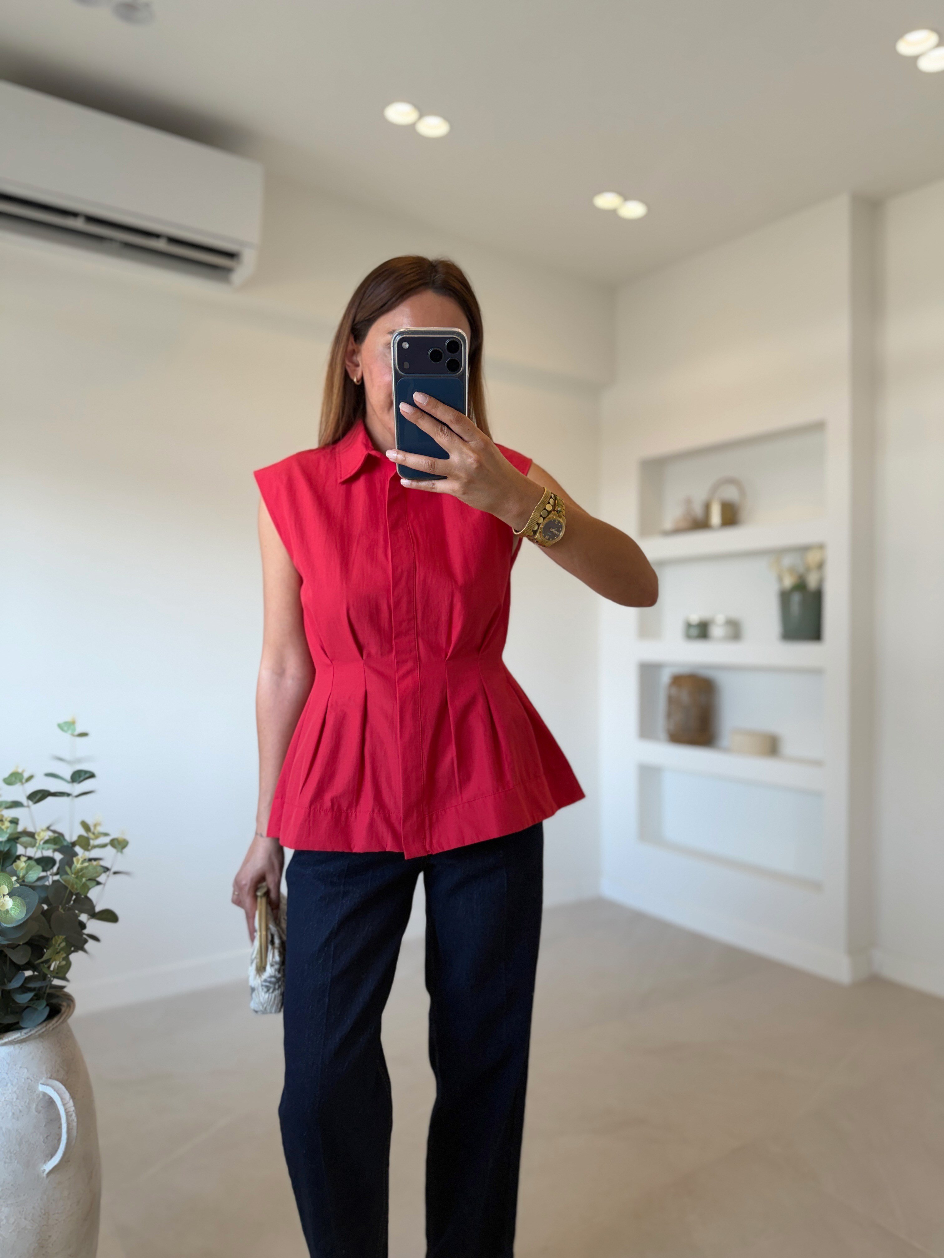Low 3273 Pilili Kırmızı Kolsuz Gömlek