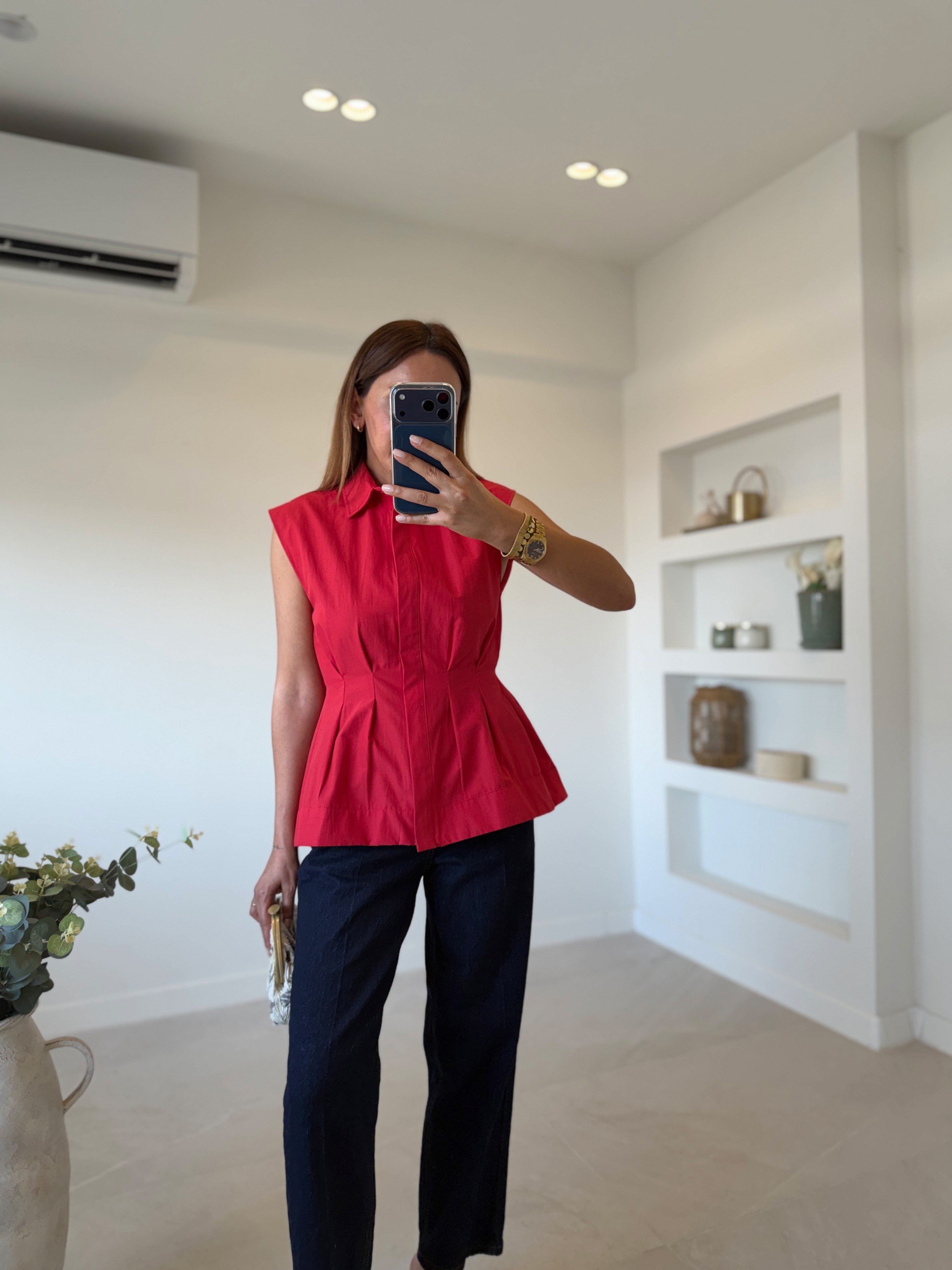 Low 3273 Pilili Kırmızı Kolsuz Gömlek