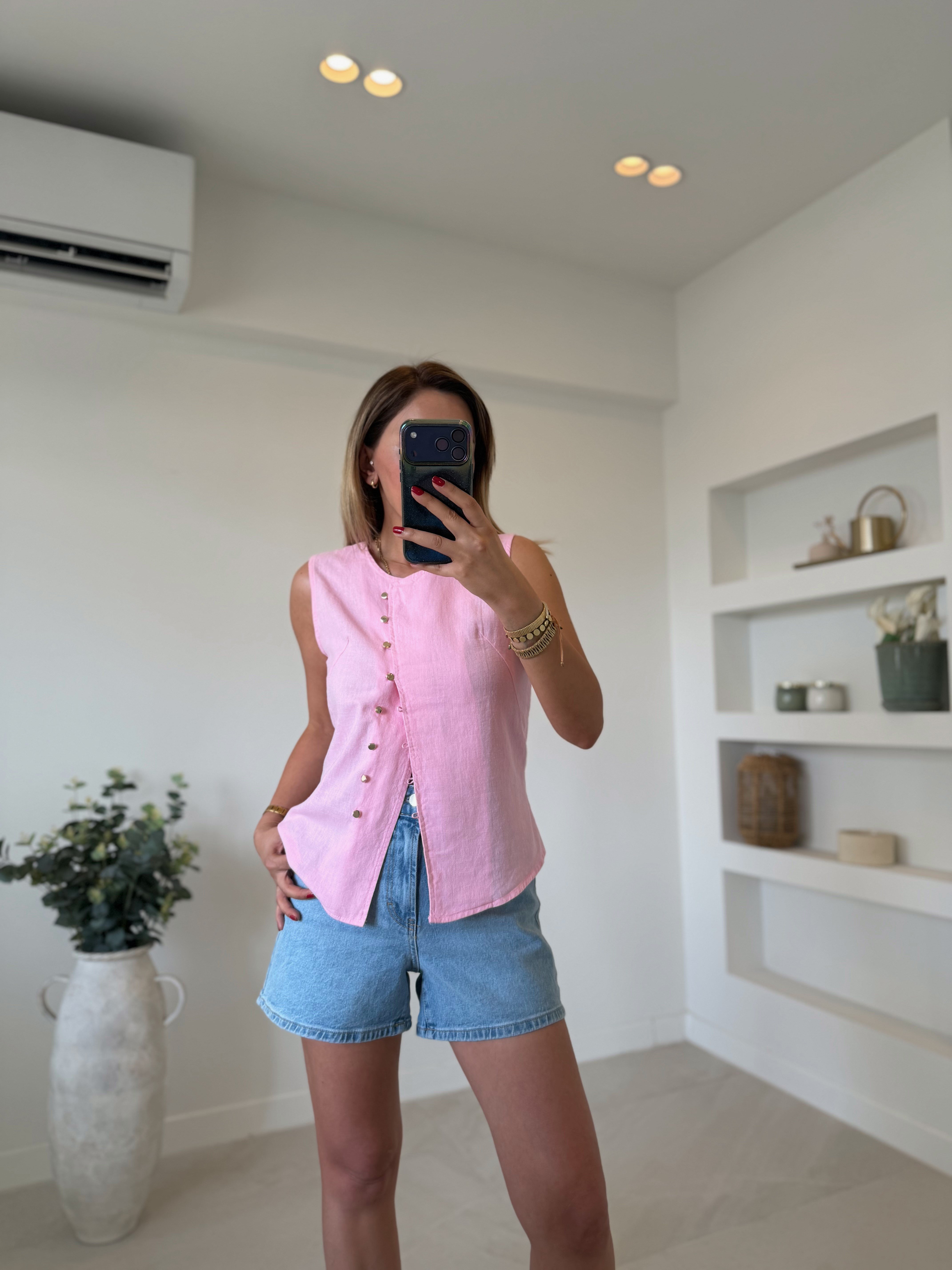 Low 5104 Keten Düğmeli Şeker Pembe Yelek
