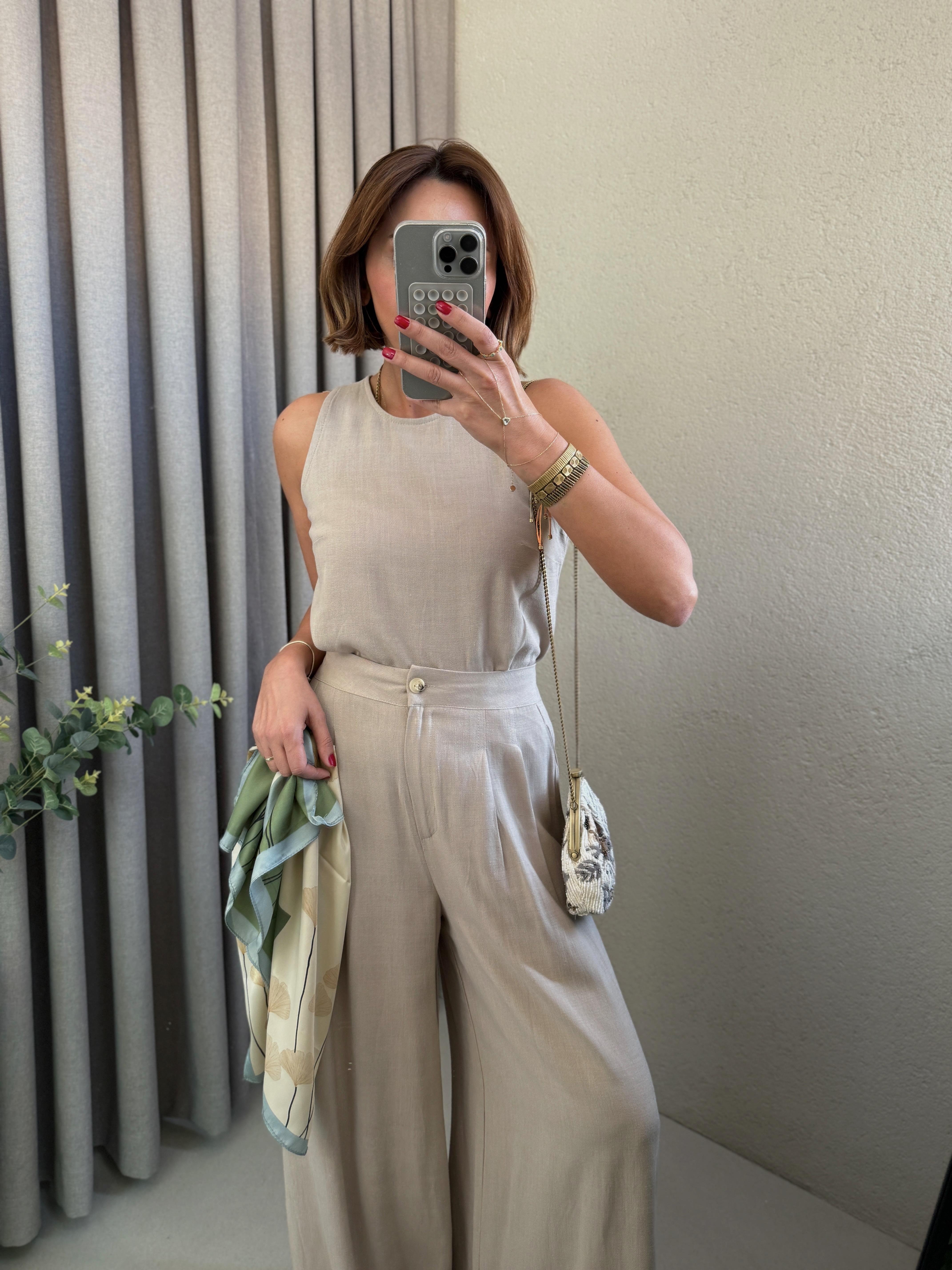 Low 7143 Keten Vizon Bluz-Pantolon Takım
