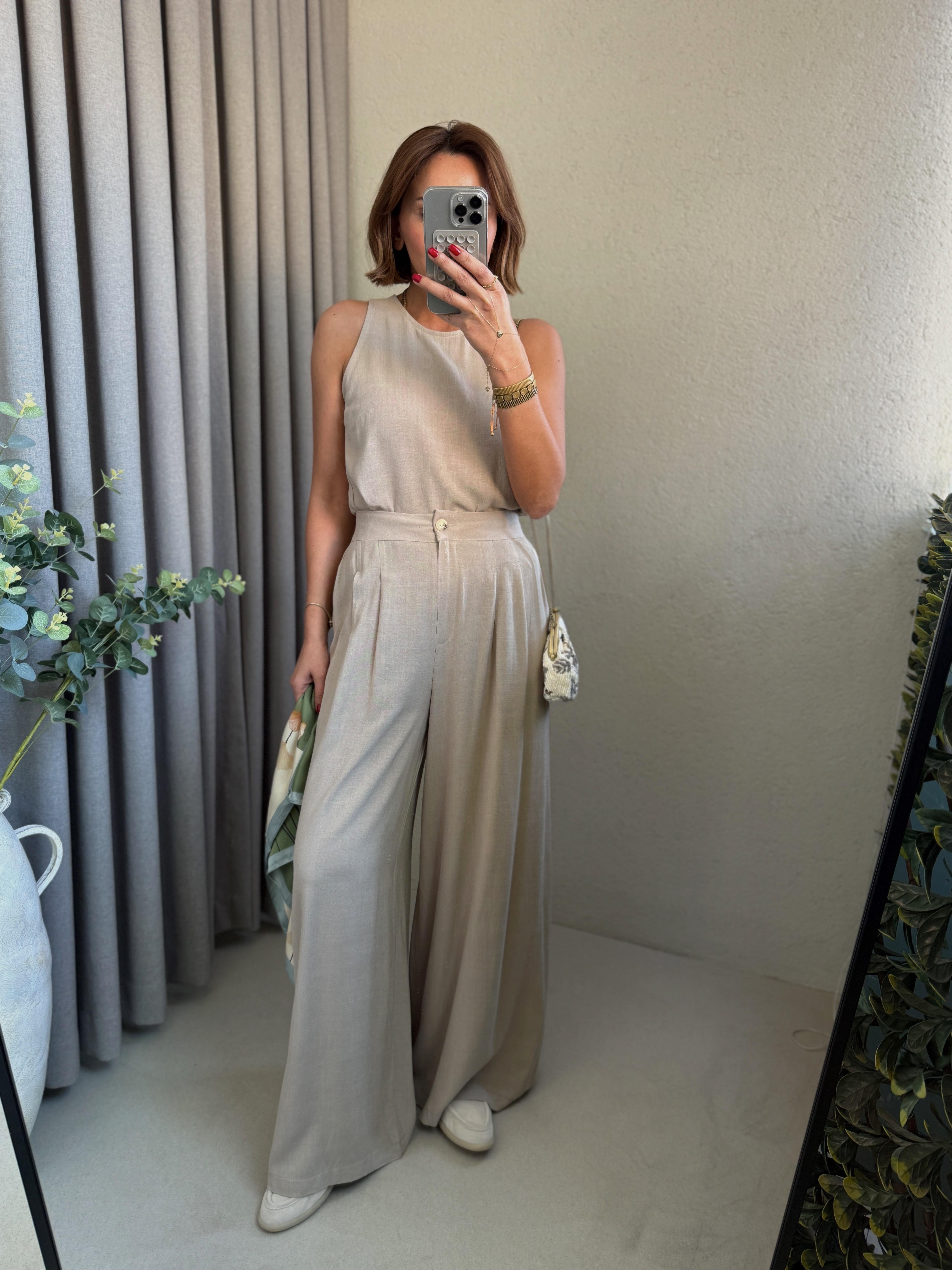 Low 7143 Keten Vizon Bluz-Pantolon Takım