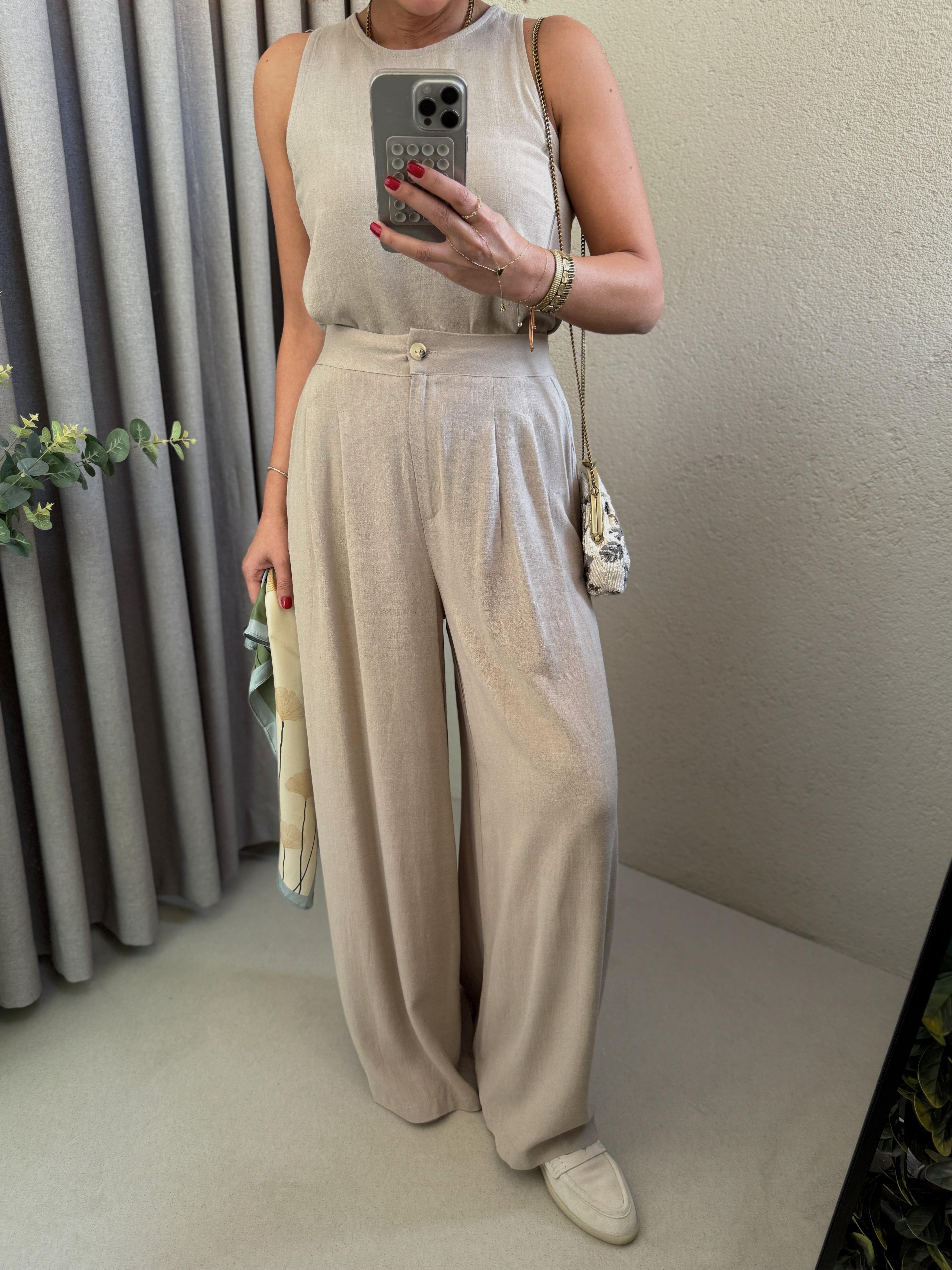 Low 7143 Keten Vizon Bluz-Pantolon Takım