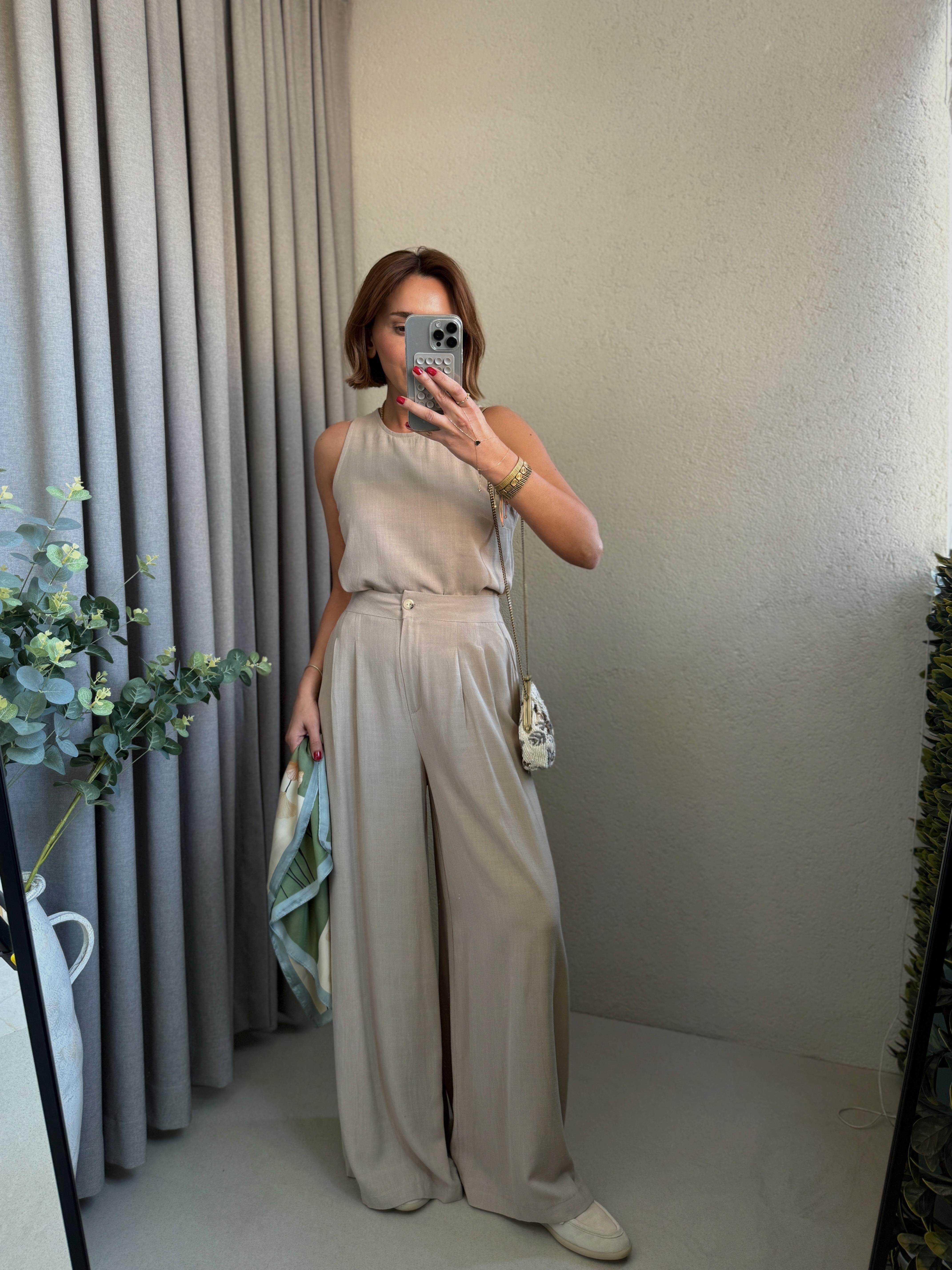 Low 7143 Keten Vizon Bluz-Pantolon Takım