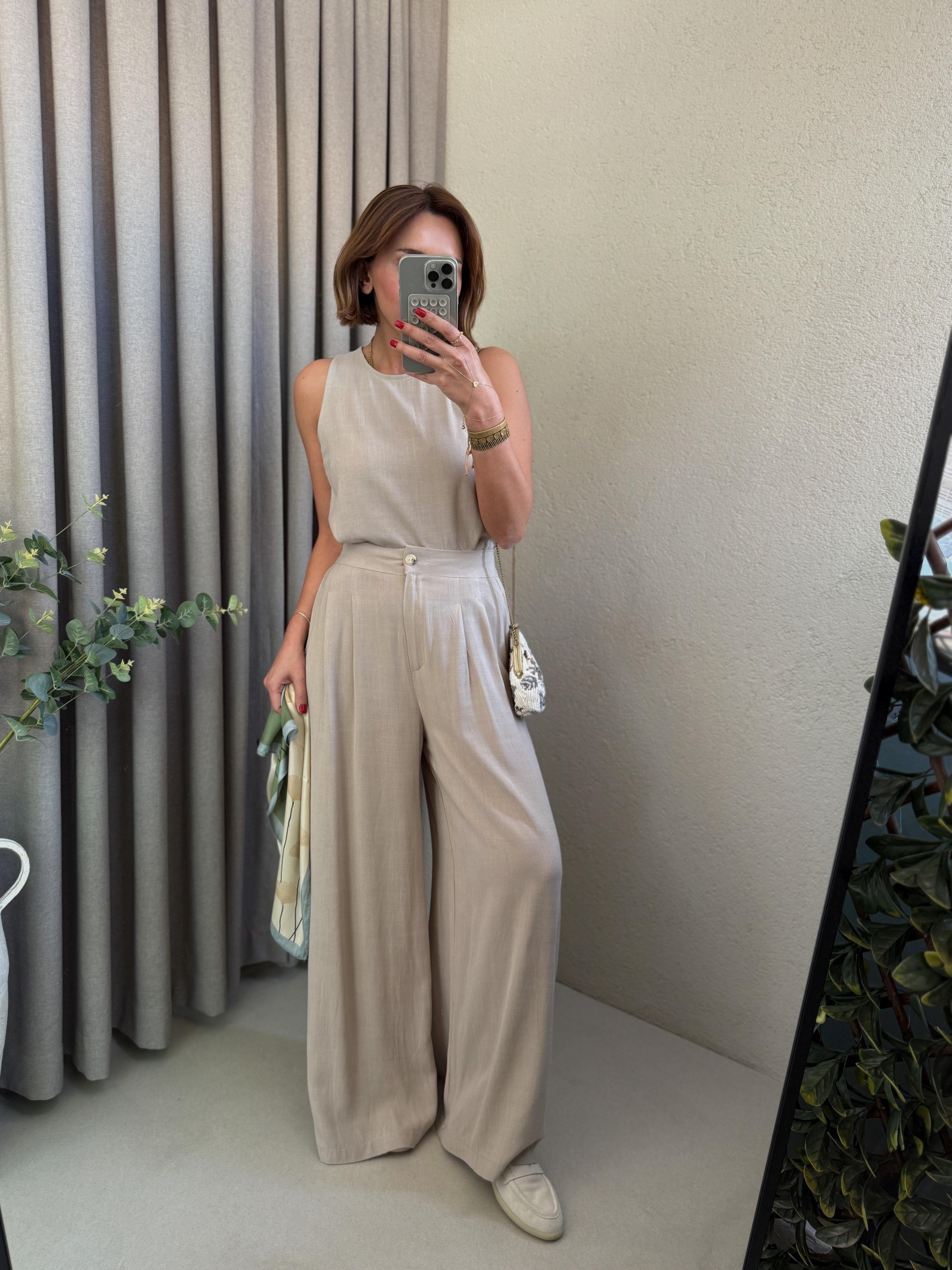 Low 7143 Keten Vizon Bluz-Pantolon Takım