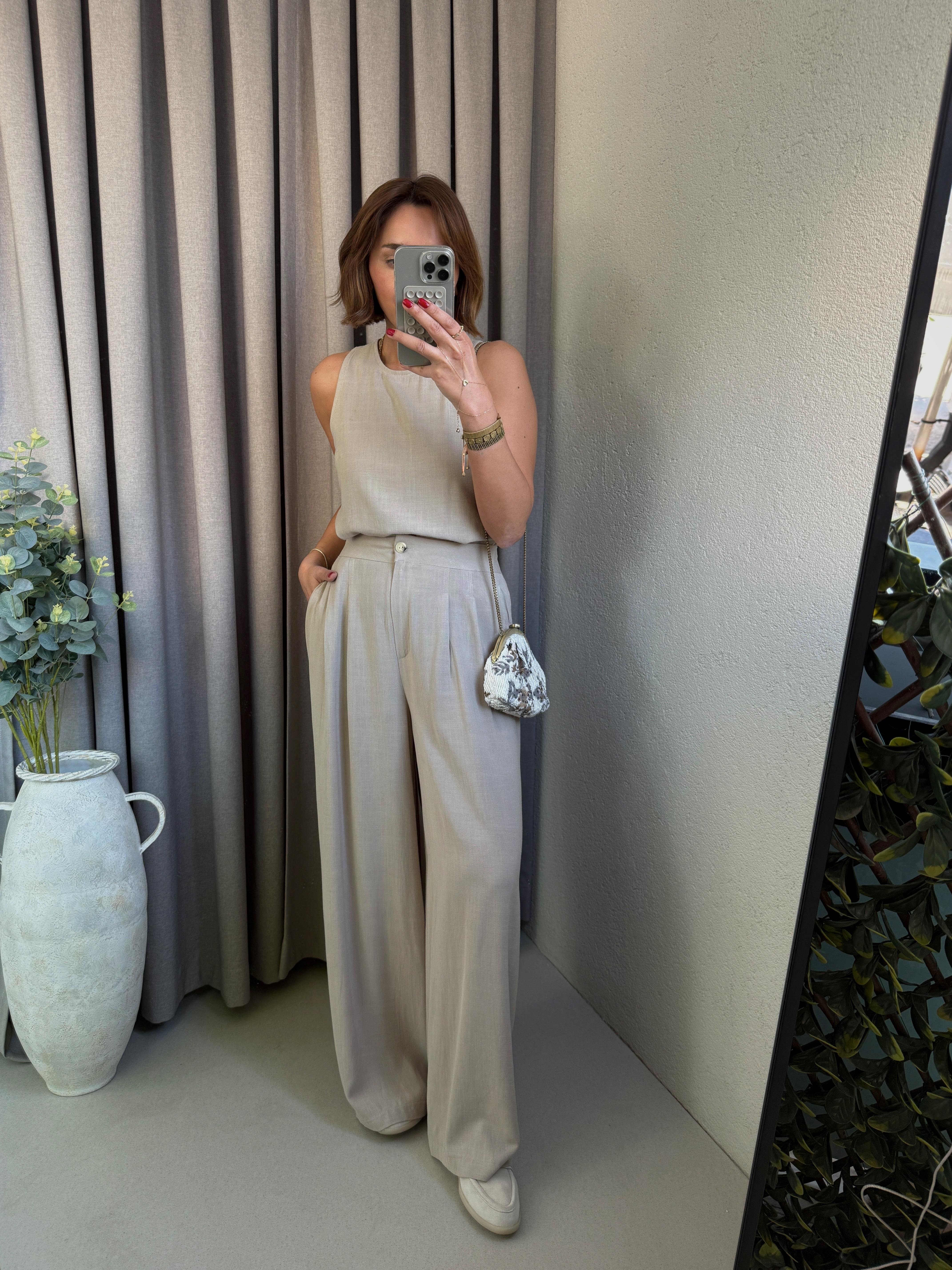 Low 7143 Keten Vizon Bluz-Pantolon Takım