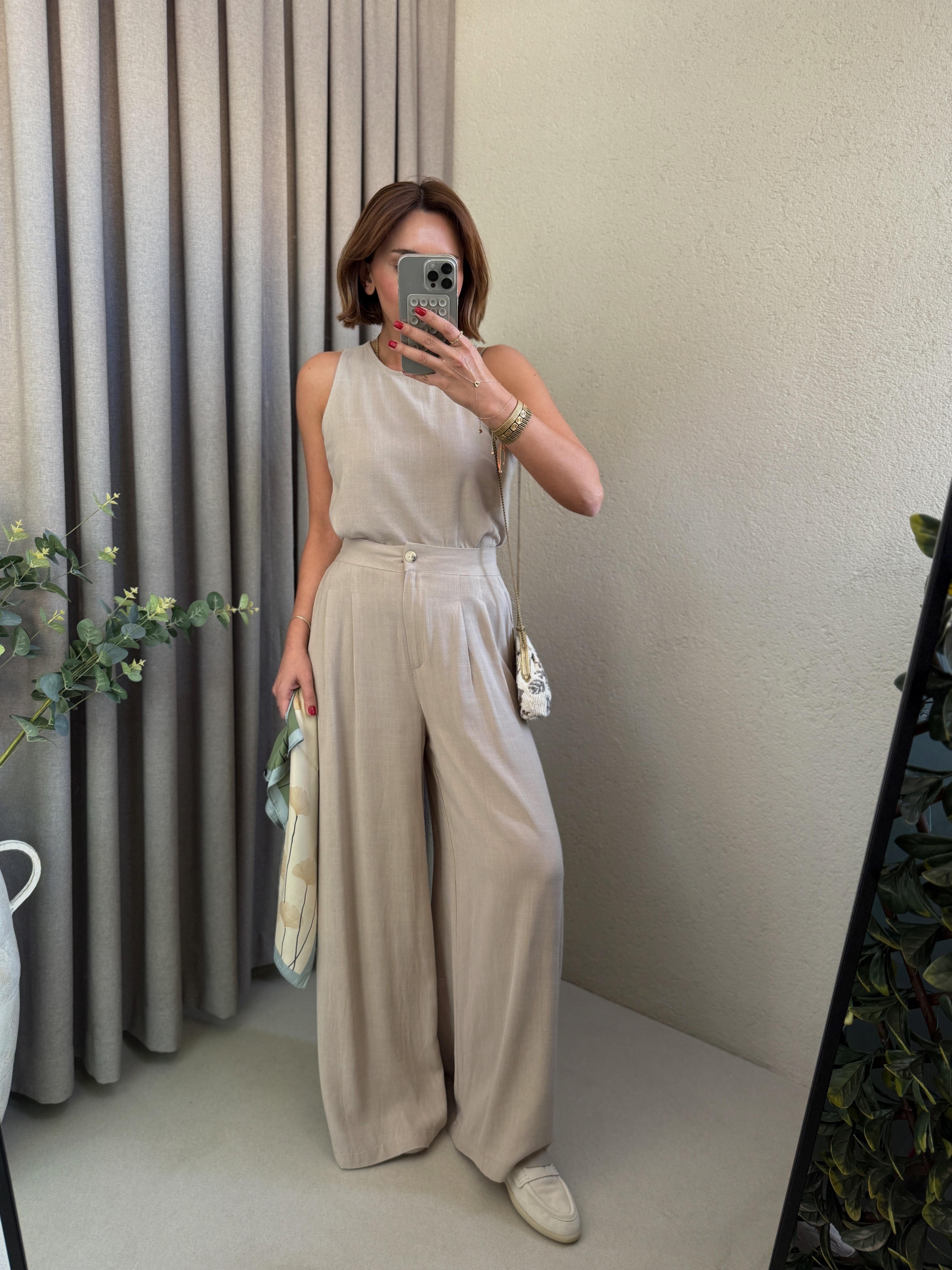 Low 7143 Keten Vizon Bluz-Pantolon Takım