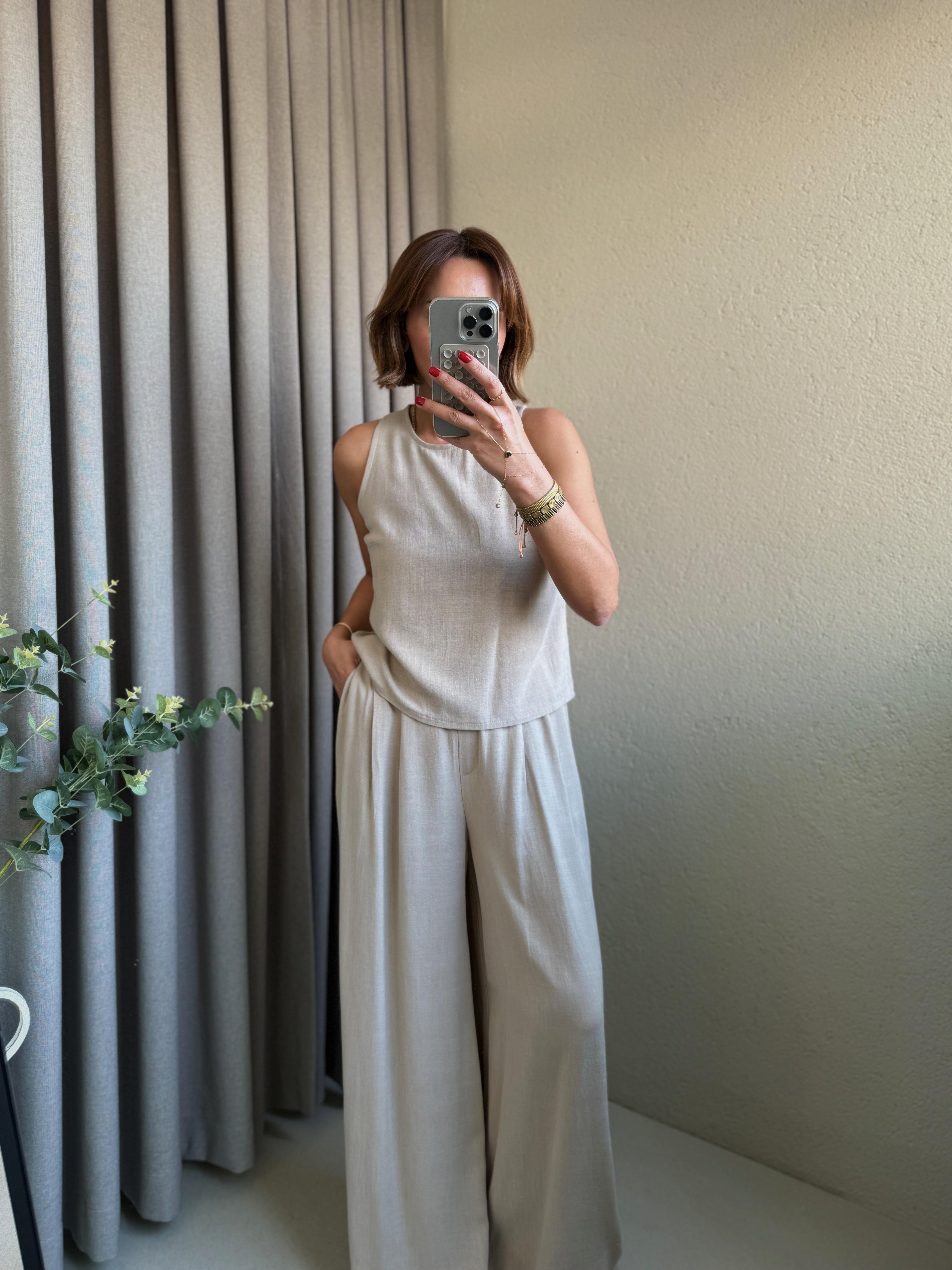 Low 7143 Keten Vizon Bluz-Pantolon Takım