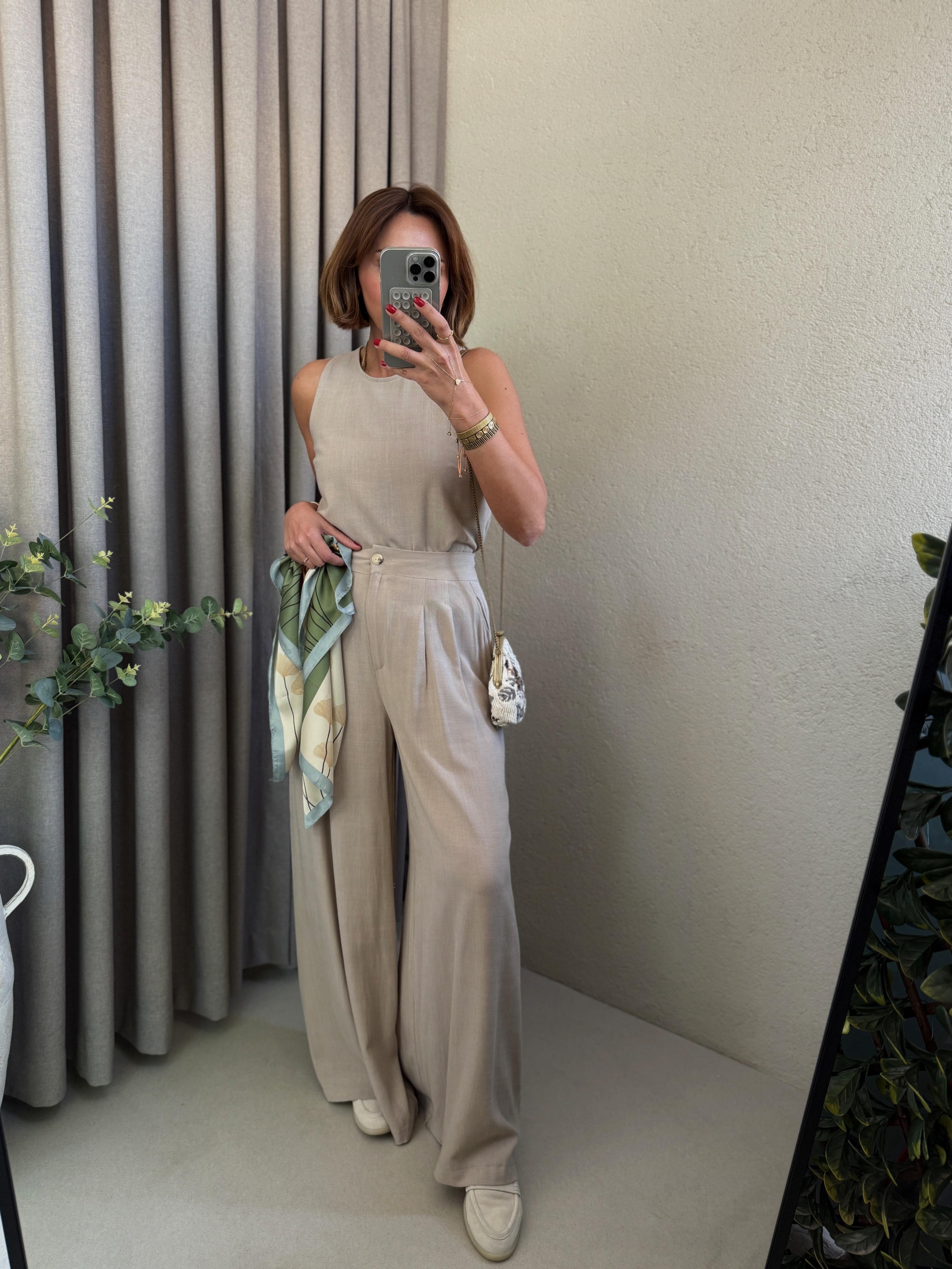 Low 7143 Keten Vizon Bluz-Pantolon Takım
